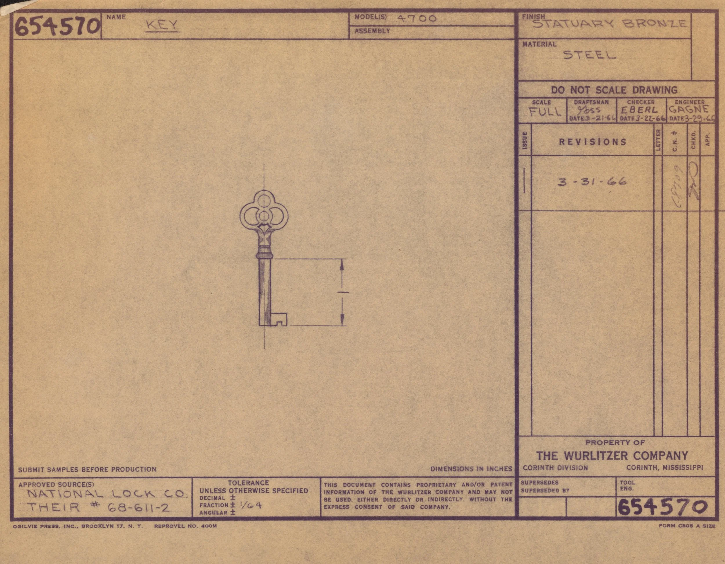 Technical drawing of a key with details about finish, material, and approvals, produced by The Wurlitzer Company in Corinth, Mississippi.