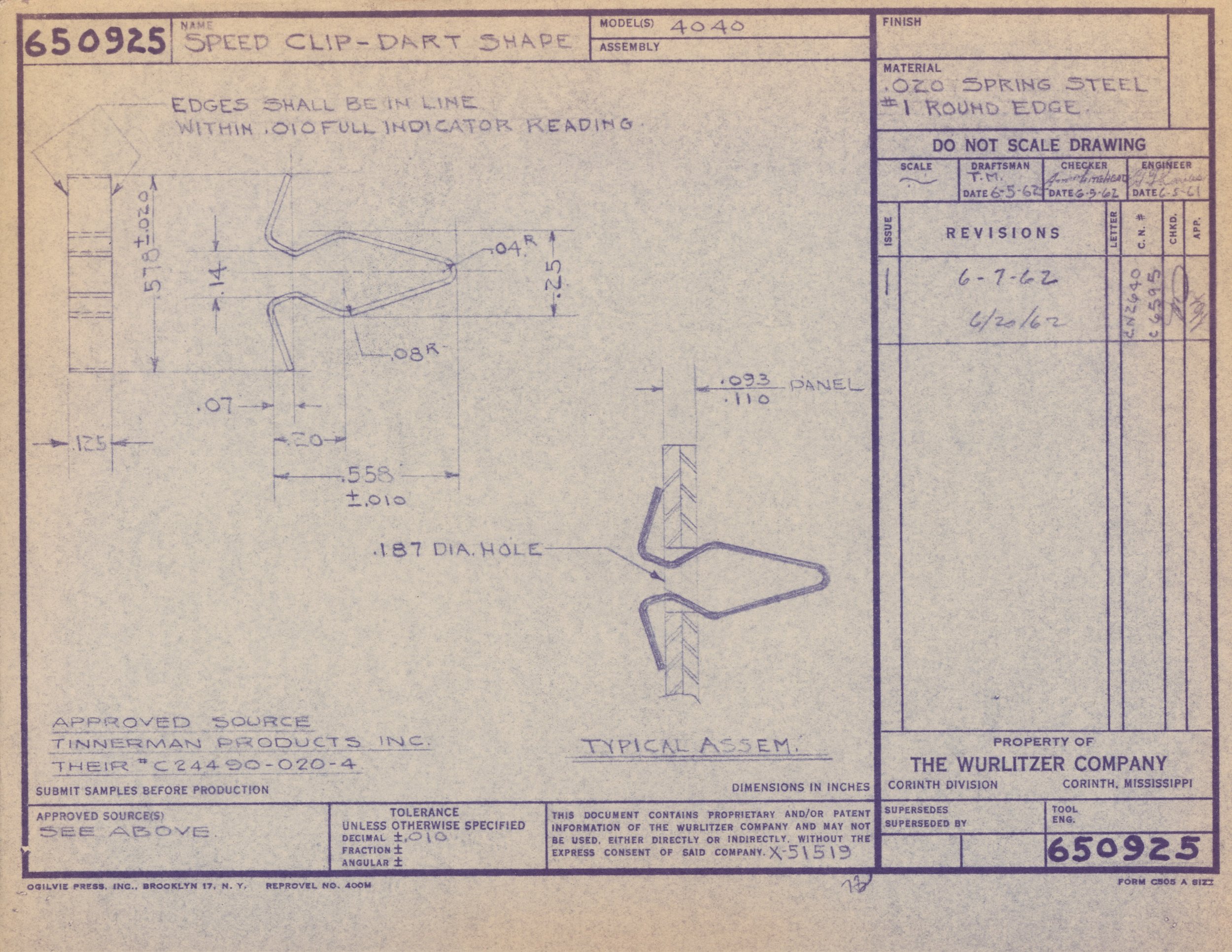 Blueprint drawing of a speed clip dart shape, showing dimensions and specifications, created by The Wurlitzer Company.