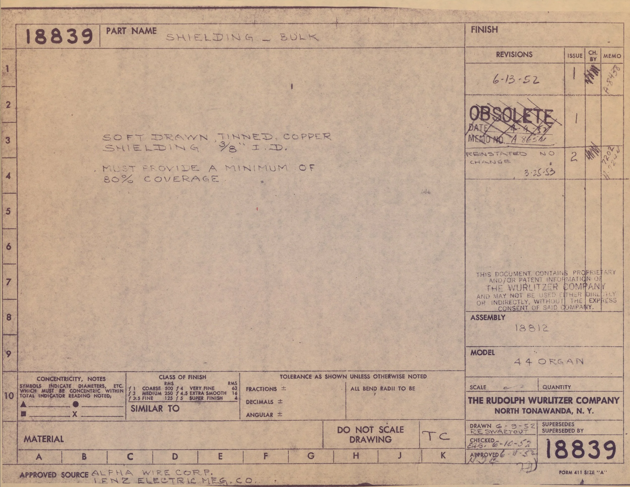Close-up of an engineering drawing or technical document with handwritten notes. It includes a part number 18839 labeled "shielding - bulk" and a date of June 13, 1952. The document has stamps marked "obsolete" and contains detailed specifications an