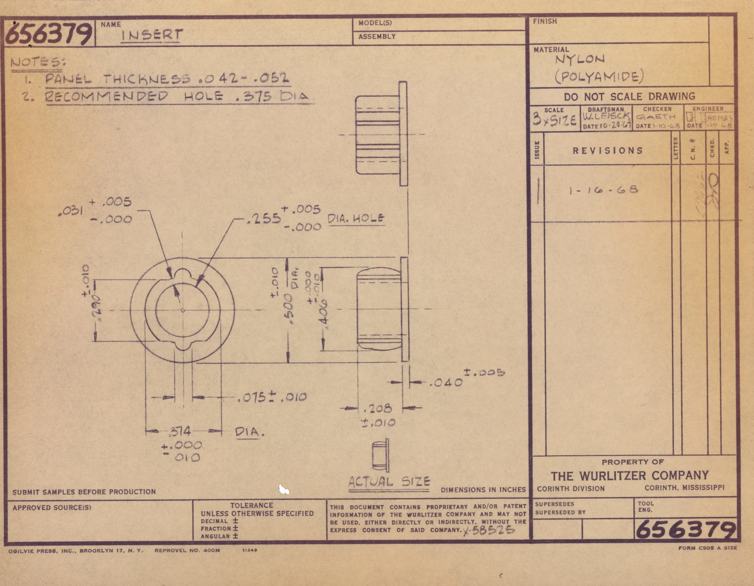 Technical engineering drawing of an internal component made of nylon, showing dimensions and details for manufacturing.