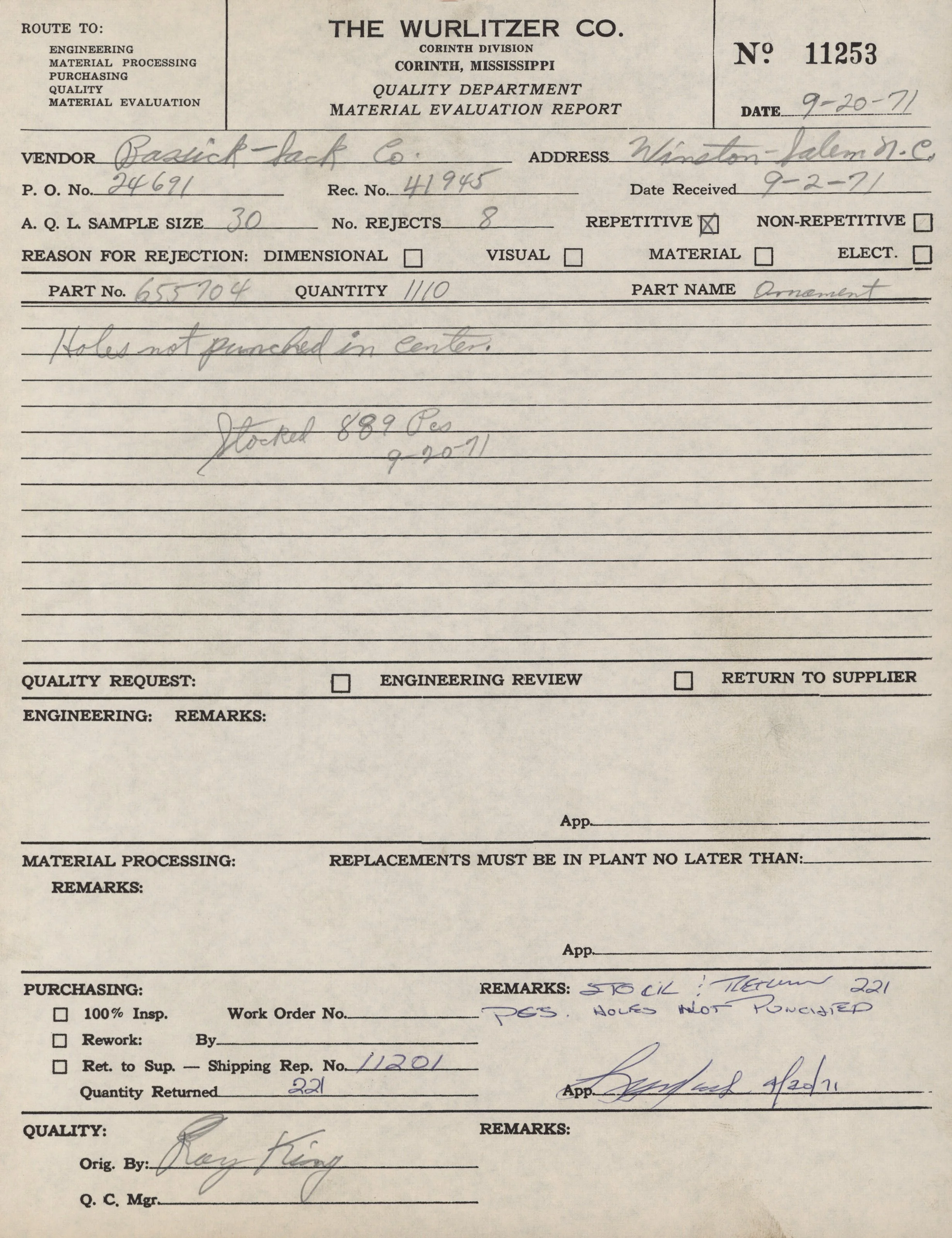 A historical quality department material evaluation report form from the Wurlitzer Company dated September 20, 1971. The document includes handwritten notes, such as rejection reasons and remarks, and details about a shipment of ornamental parts with