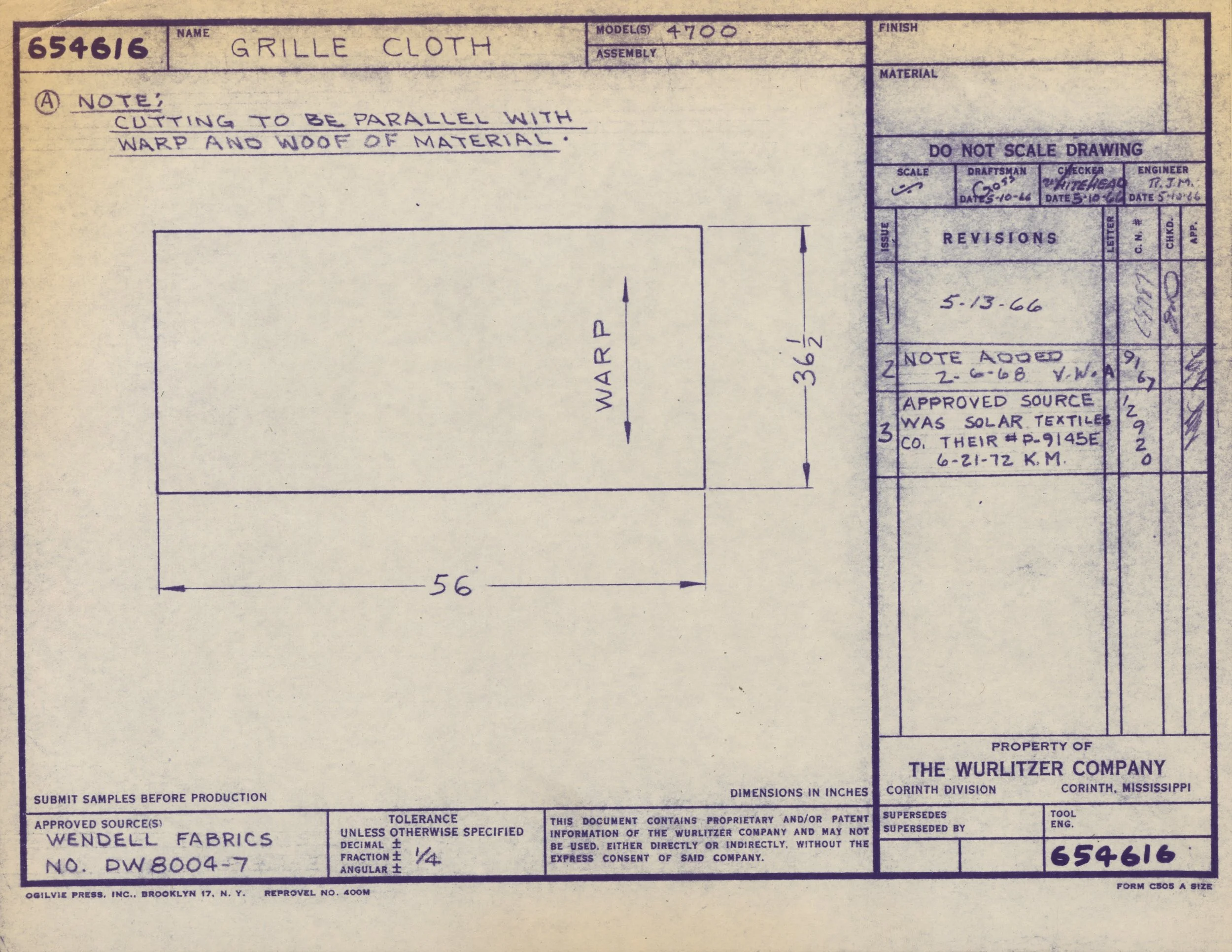 A blueprint drawing labeled as grill cloth from Wurlitzer Company, with instructions about cutting to be parallel with warp and woof of material.