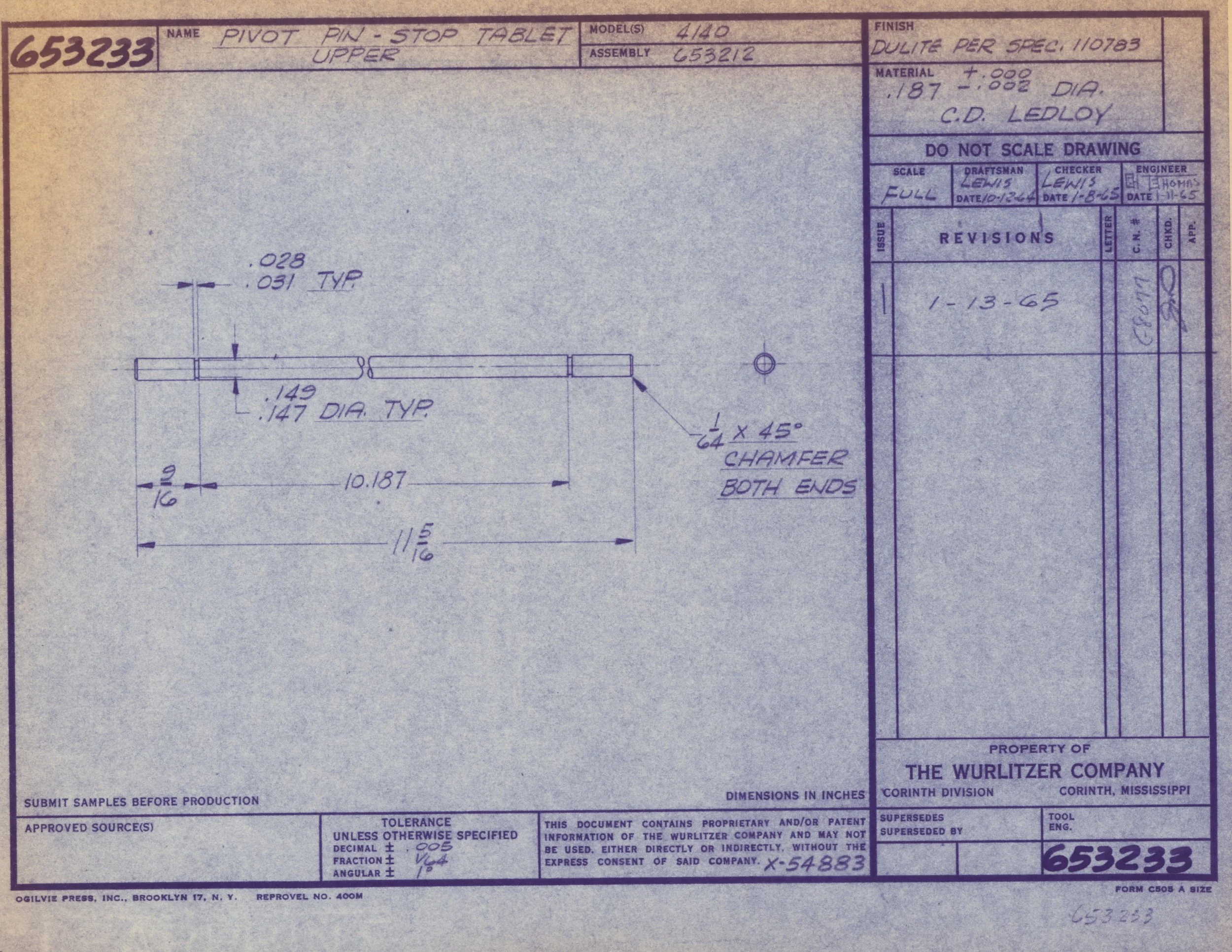 Blueprint drawing of a pivot pin-stop tablet with dimensions and technical specifications, labeled with the company's information and revision details.