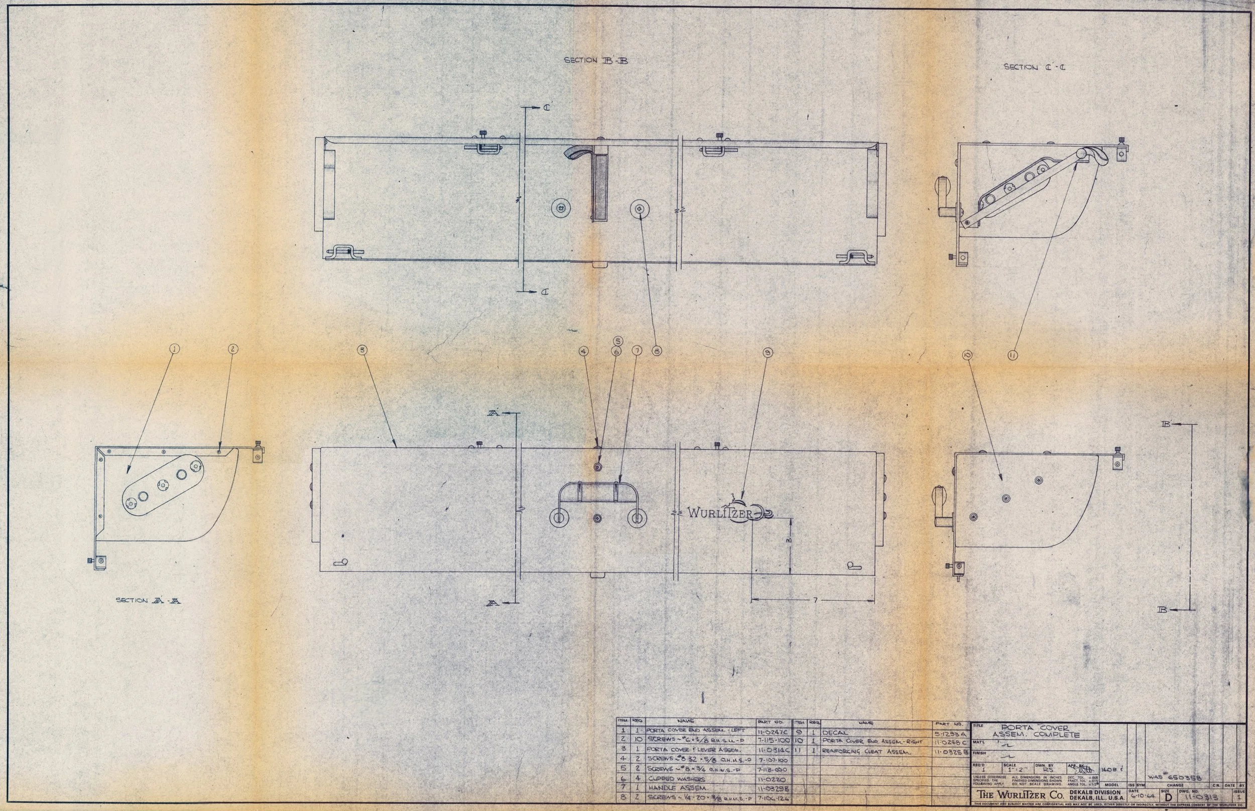 Engineering drawing of the portacover lid assembly for a Wurlitzer 140B