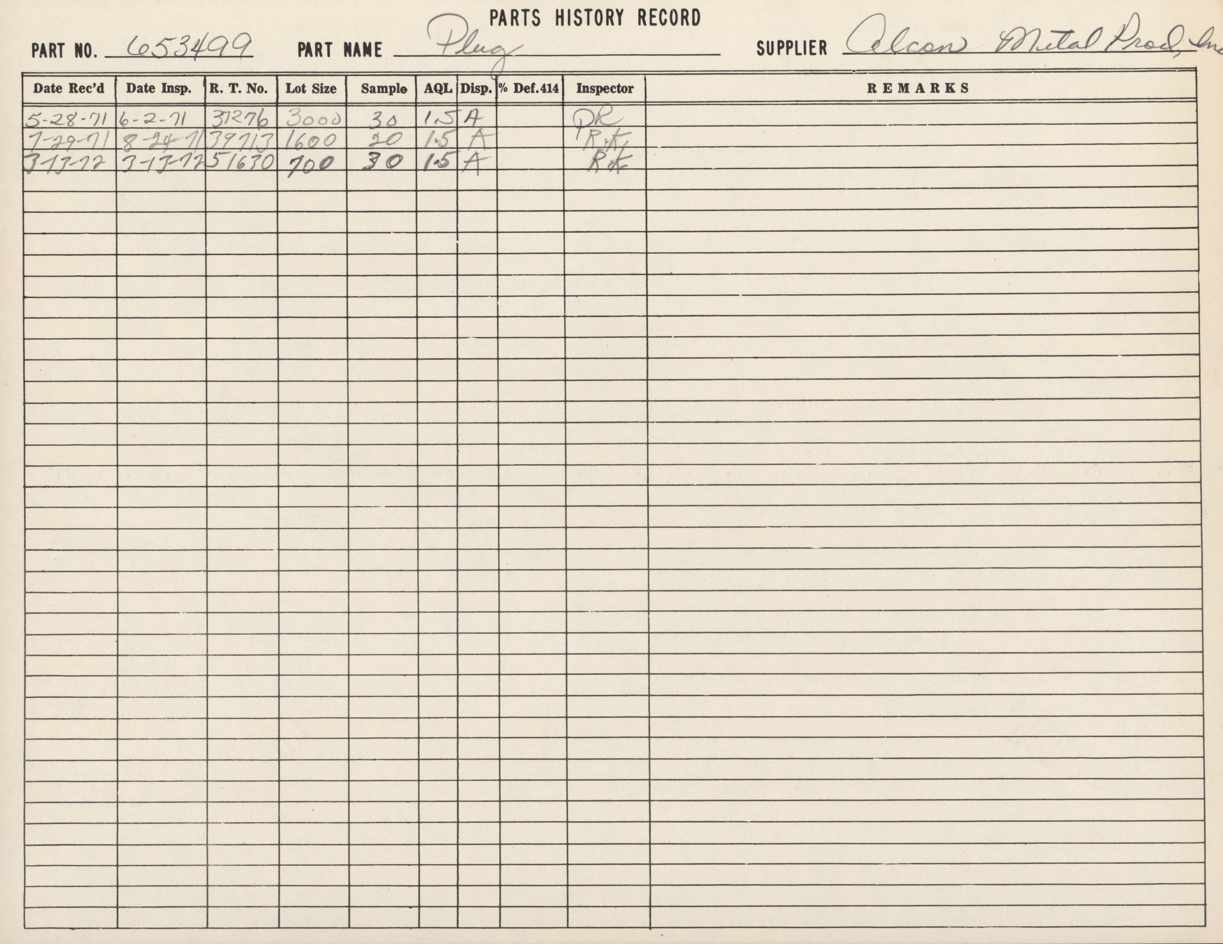 A handwritten parts history record form titled 'PARTS HISTORY RECORD'. It includes details such as part number 653499, part name 'Plug', supplier 'Alcon Metal Prod Inc.', and three entries with inspection and approval dates, lot sizes, samples, and r