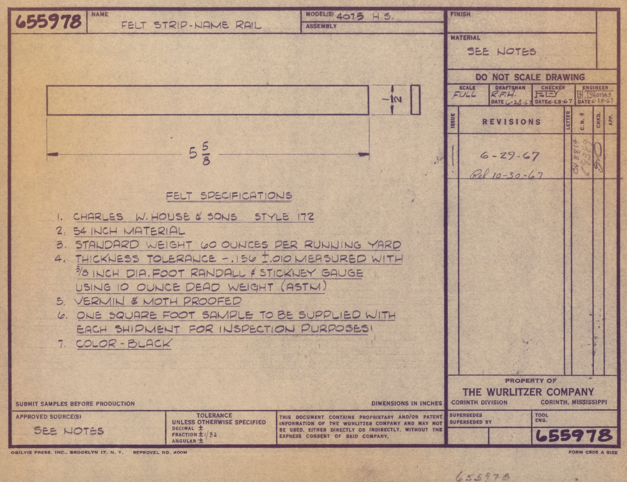 Technical drawing blueprint for felt strip with specifications and measurements, including handwritten dates and signatures.