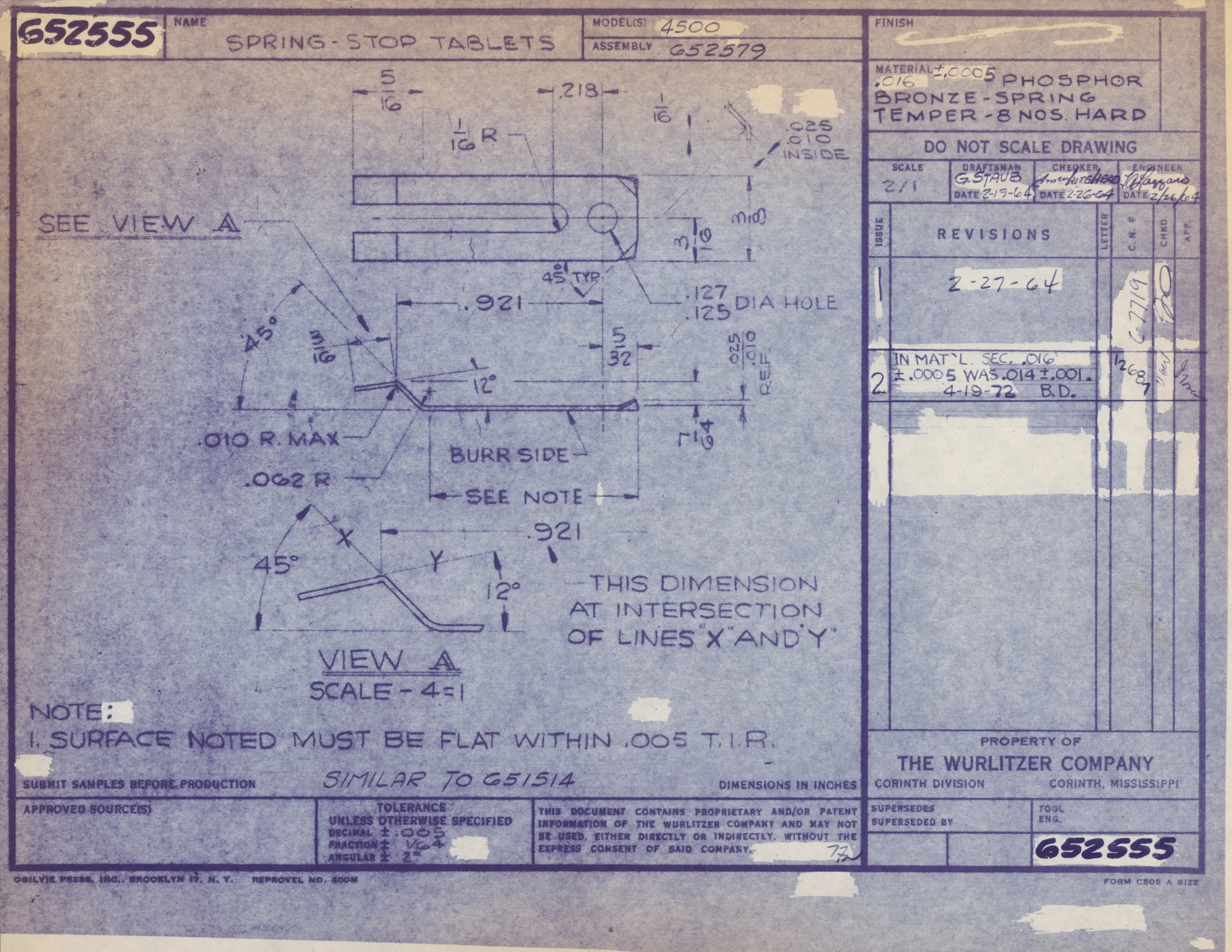 Blueprint drawing of a spring-stop Table, showing dimensions and technical specifications, with handwritten notes and revisions, property of The Wurlitzer Company.