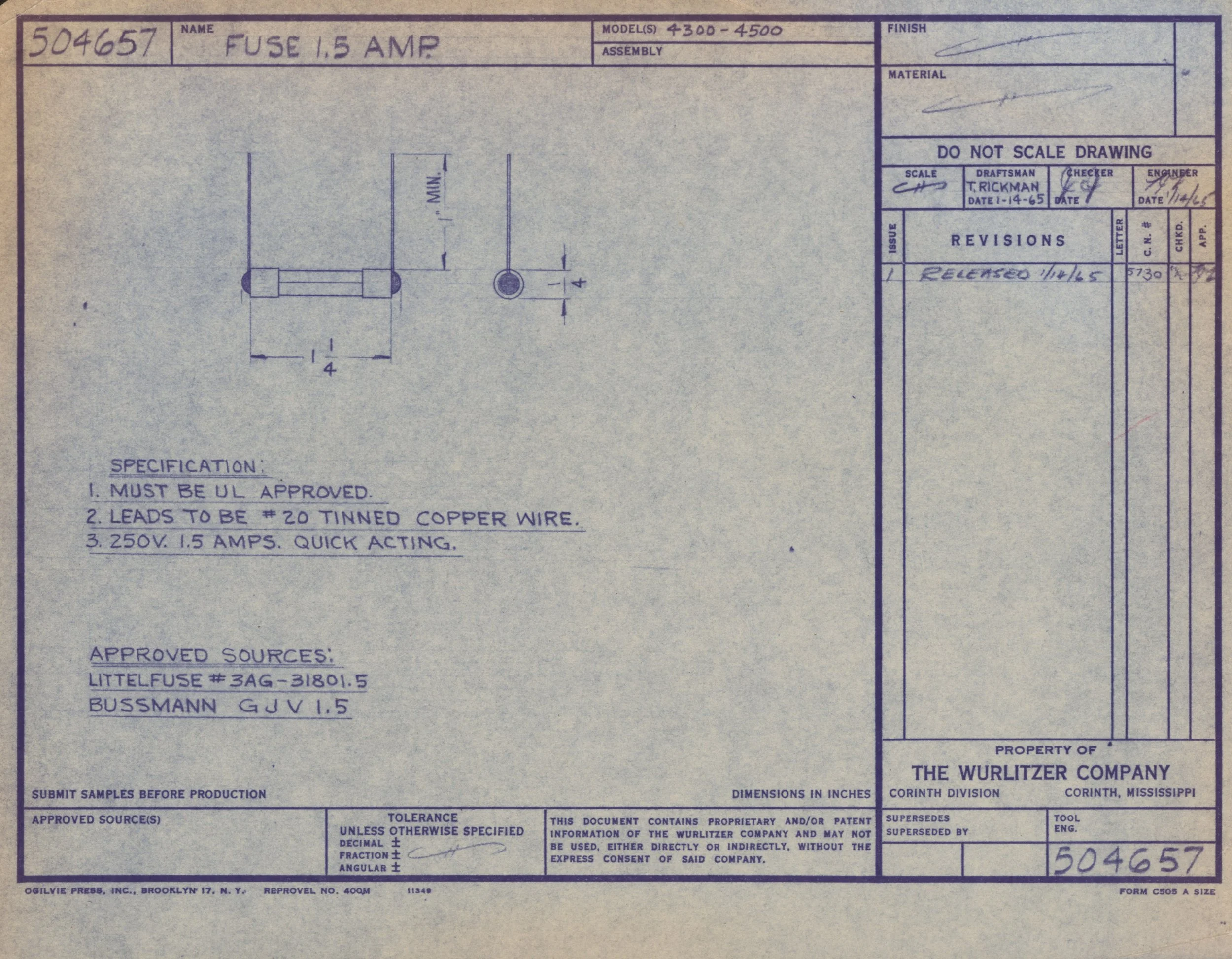 Technical blueprint drawing of a fuse, showing its dimensions, materials, and specifications, titled 'FUSE 1.5 AMP' with revision details and approval signatures.