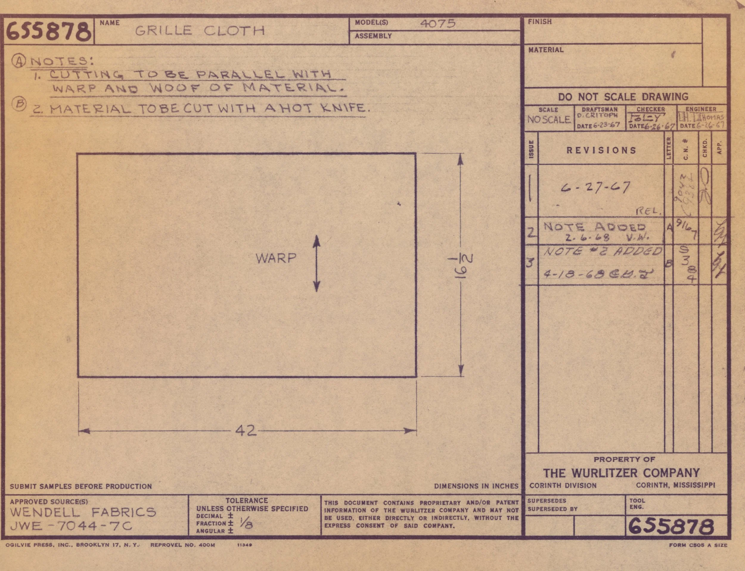 A technical drawing or blueprint for a grille cloth, including handwritten notes, dimensions, revision date, and company information.
