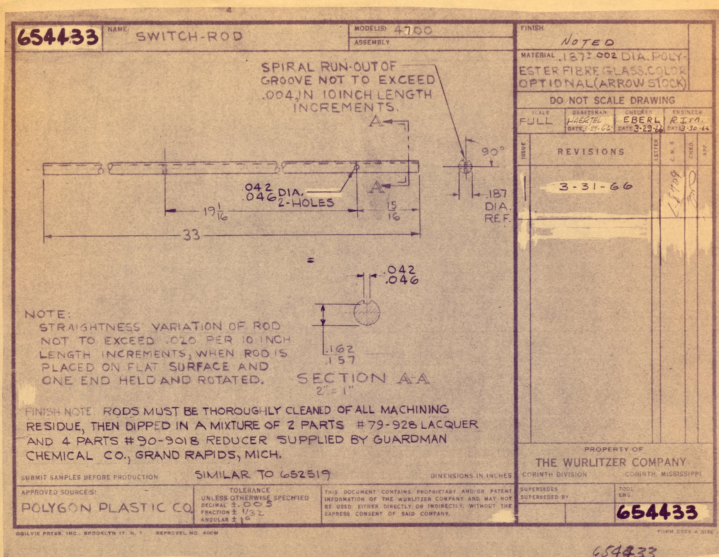 Technical blueprint drawing of a switch rod, showing dimensions, materials, and assembly instructions for manufacturing.