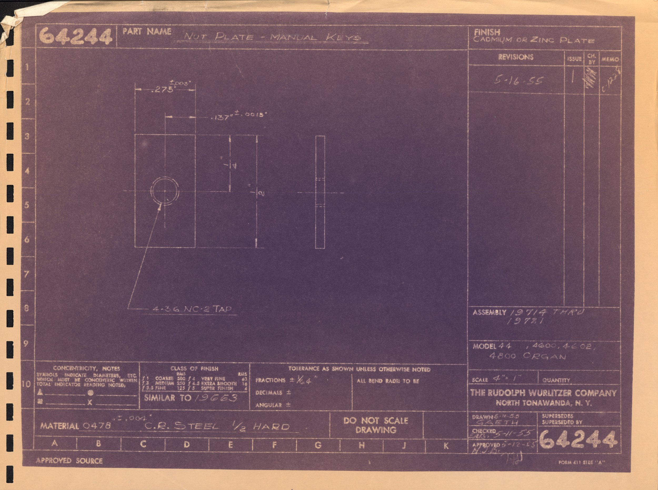 Technical blueprint for a part labeled 'Nut Plate - Manual Keys.' Contains measurements, notes on materials, and assembly details, with handwritten revisions and approval signatures.