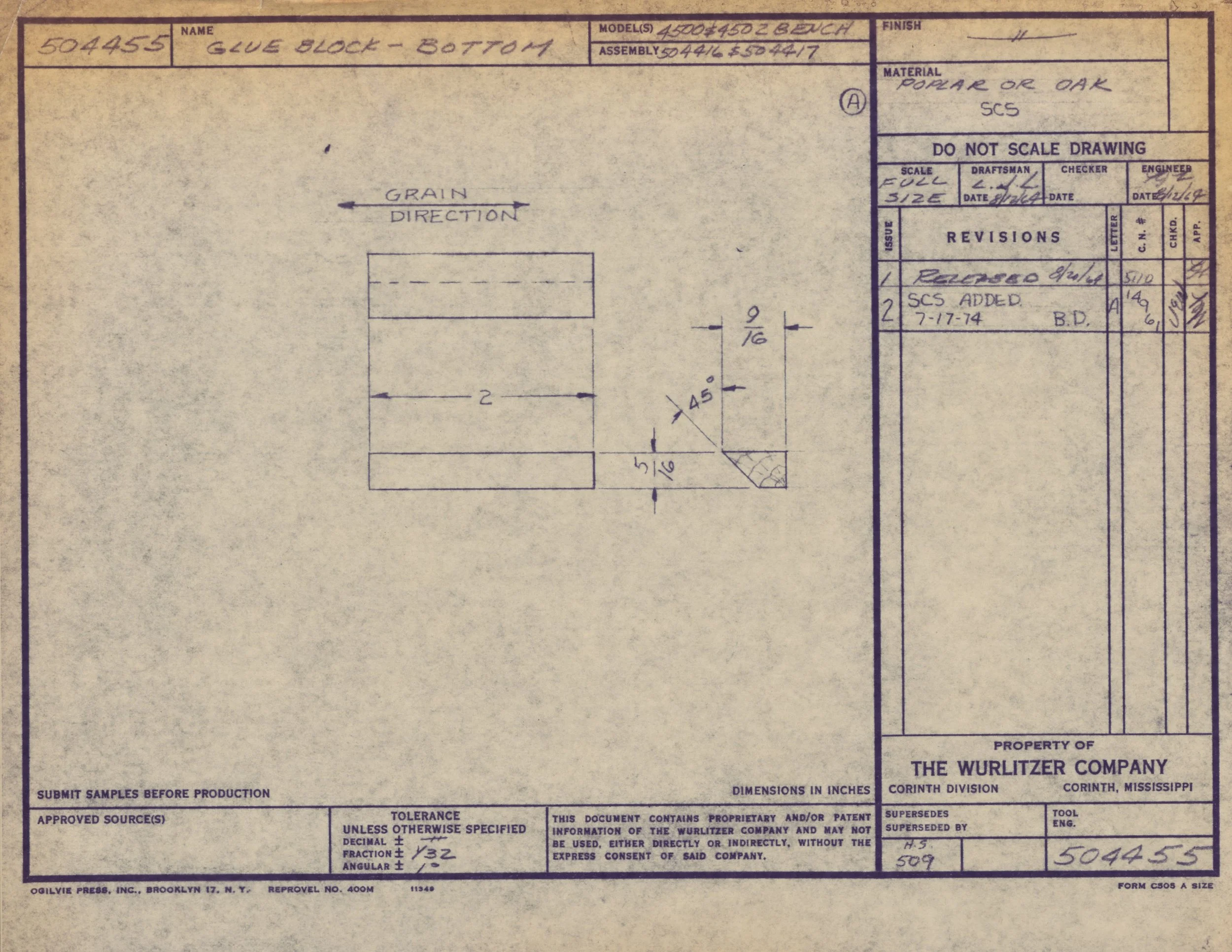 Blueprint of a glue block-bottom model, including dimensions and material specifications, from Wurlitzer Company, Corinth, Mississippi.