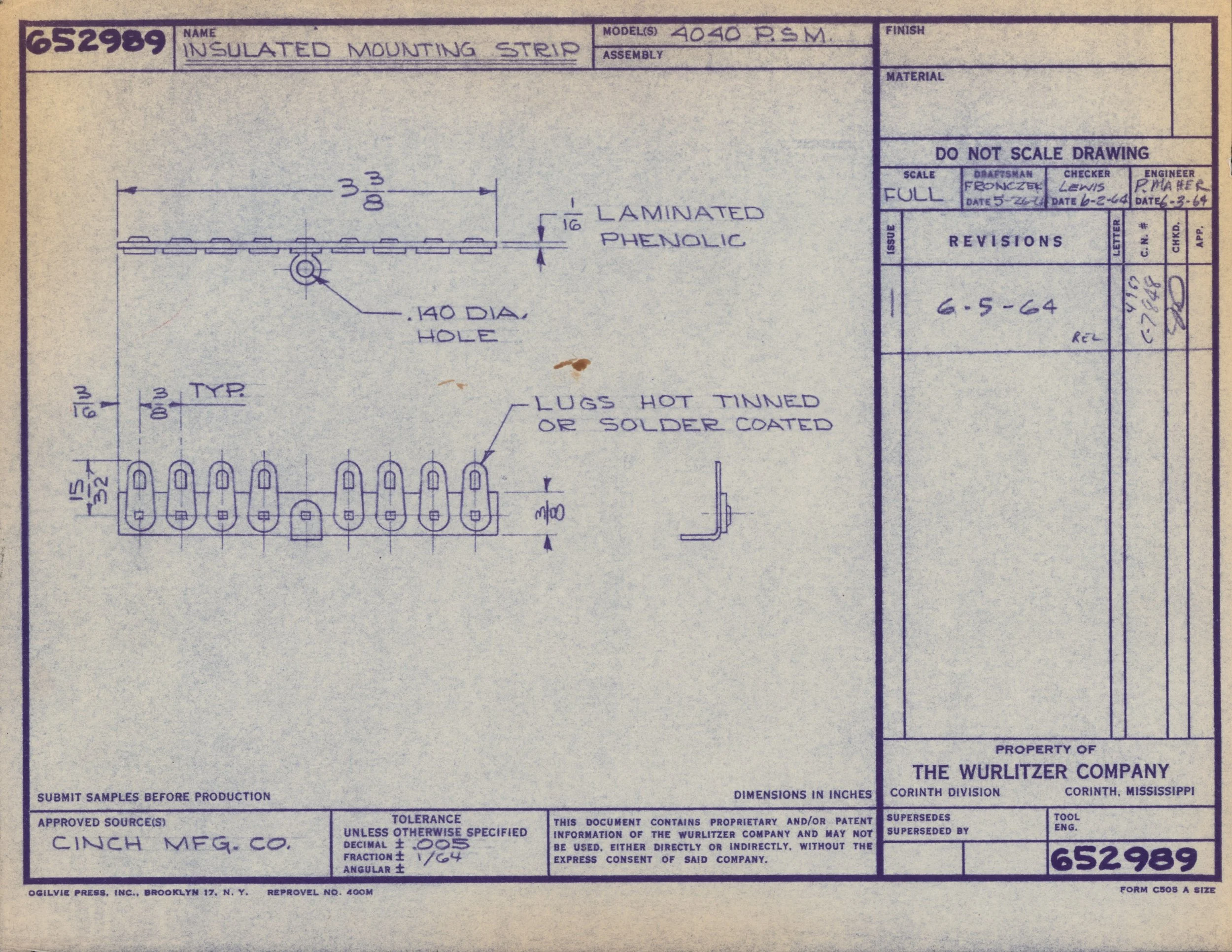 Blueprint drawing of an insulated mounting strip showing dimensions, materials, and construction details.