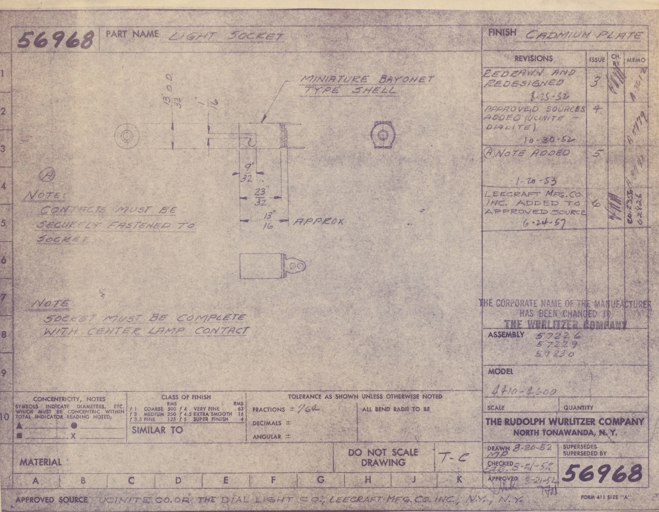 Technical blueprint drawing of a miniature bayonet type shell with measurements and annotations.