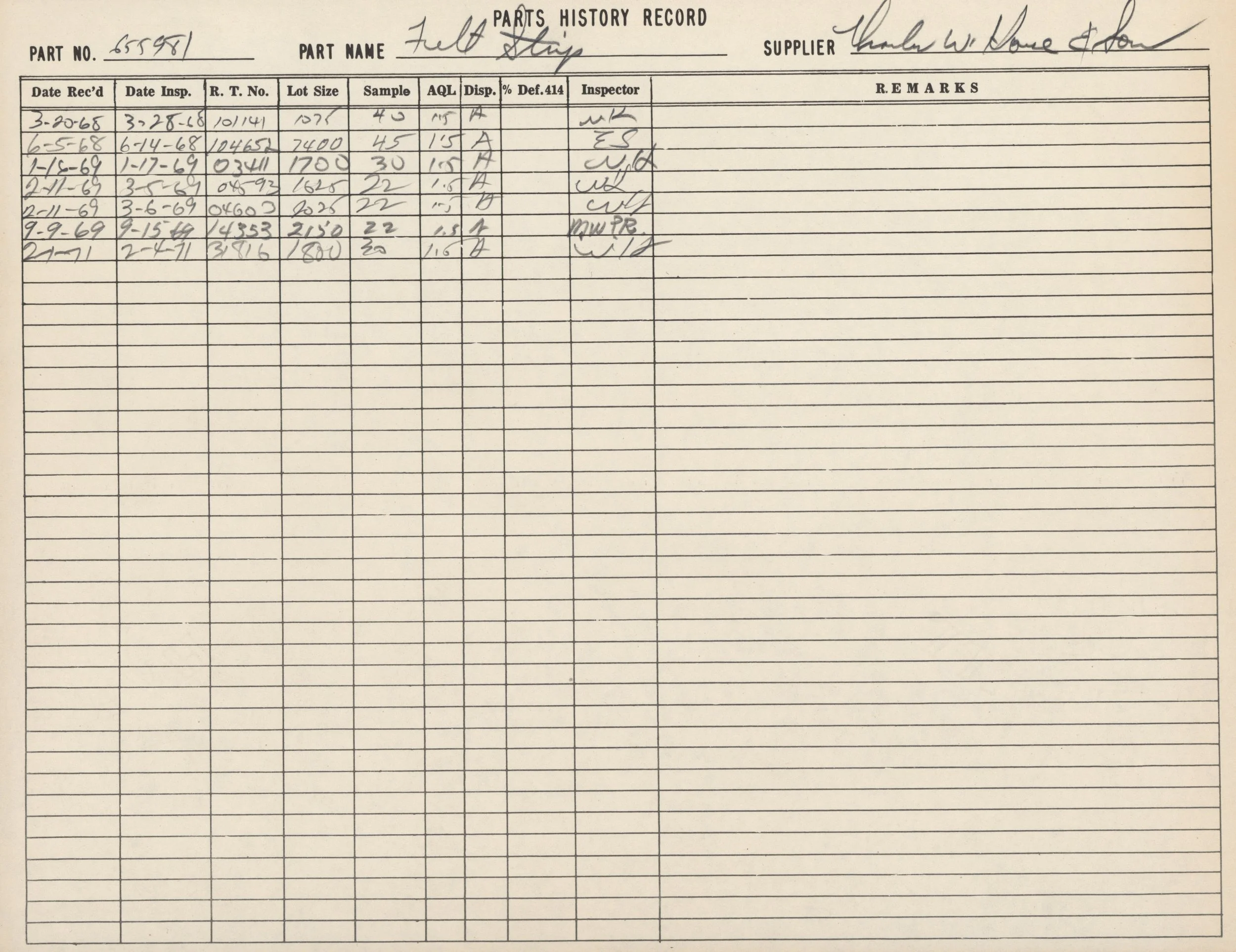 A black and white handwritten parts history record document with columns for part number, part name, supplier, date received, date inspected, and other details. The document lists several entries with dates from 1968 and 1969.
