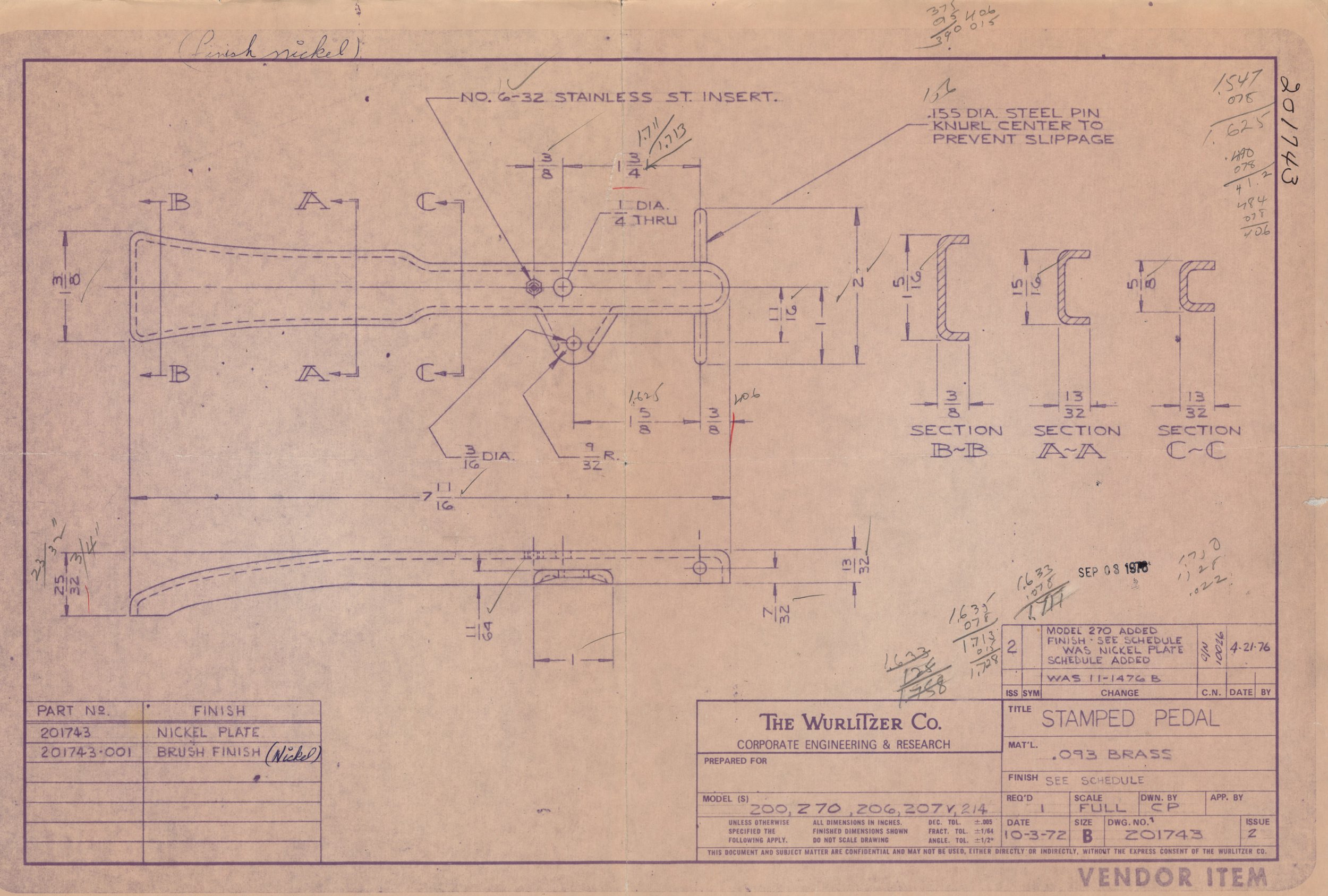 Technical engineering diagram of a stamped pedal, showing detailed measurements, sections, and annotations in purple ink on paper.