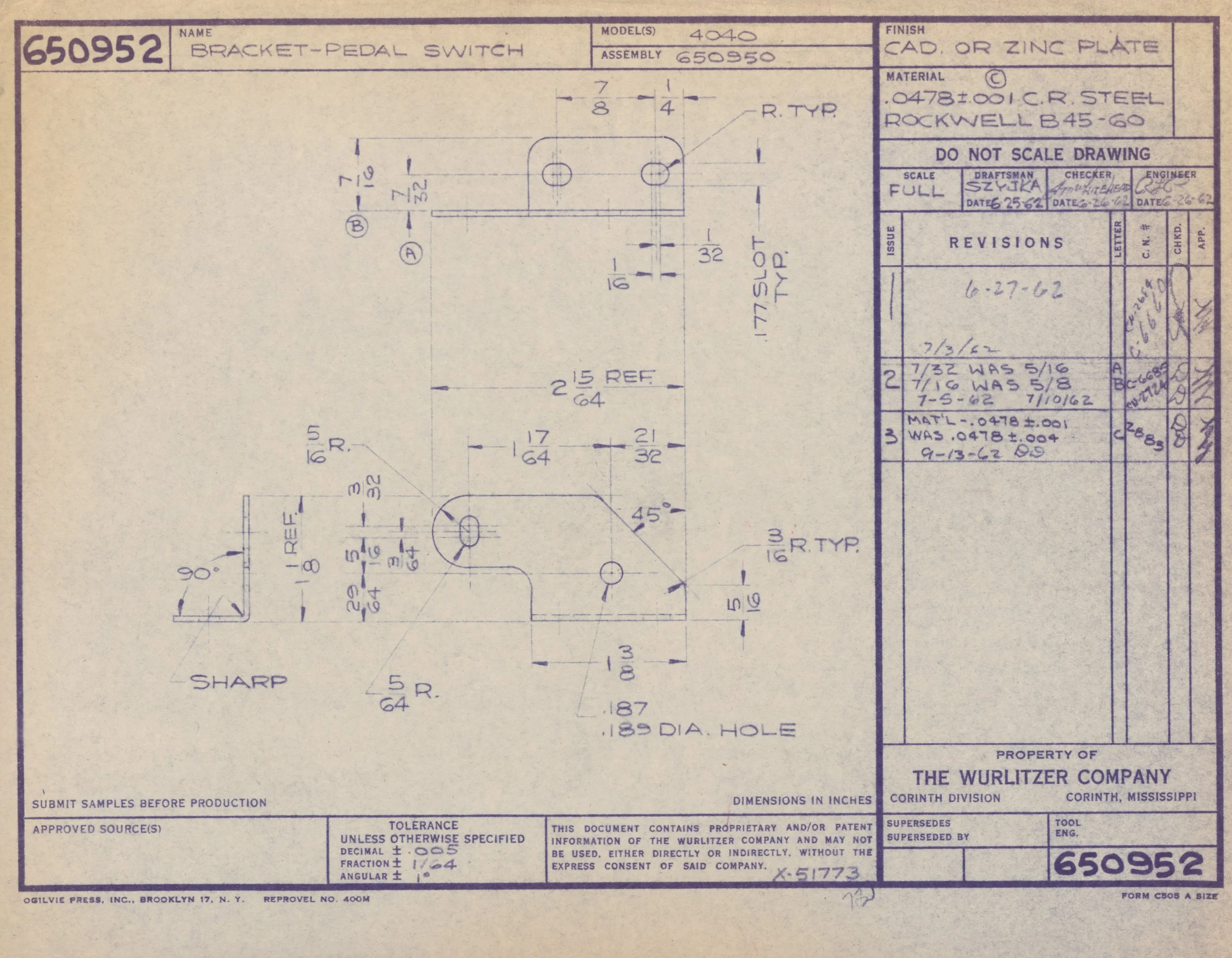 Technical drawing of a bracket-pedal switch, including dimensions, annotations, and material specifications, with handwritten revision and approval information.