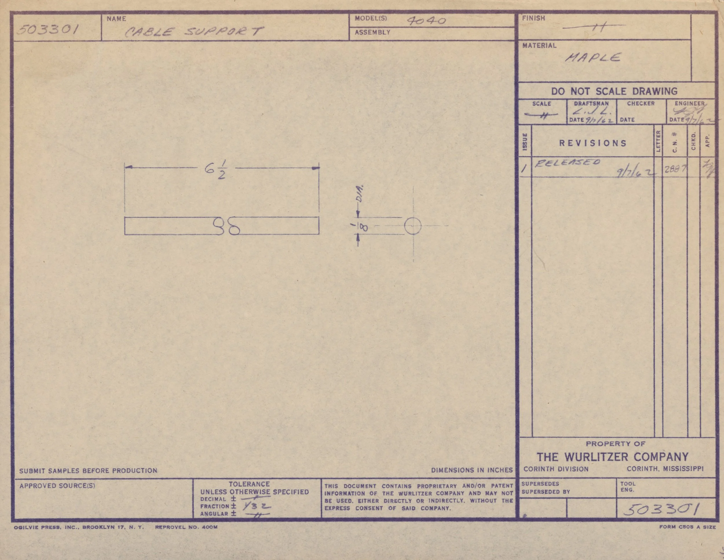 Technical drawing blueprint for a cable support, showing dimensions, technical notes, and company information of The Wurlitzer Company from Corinth, Mississippi.
