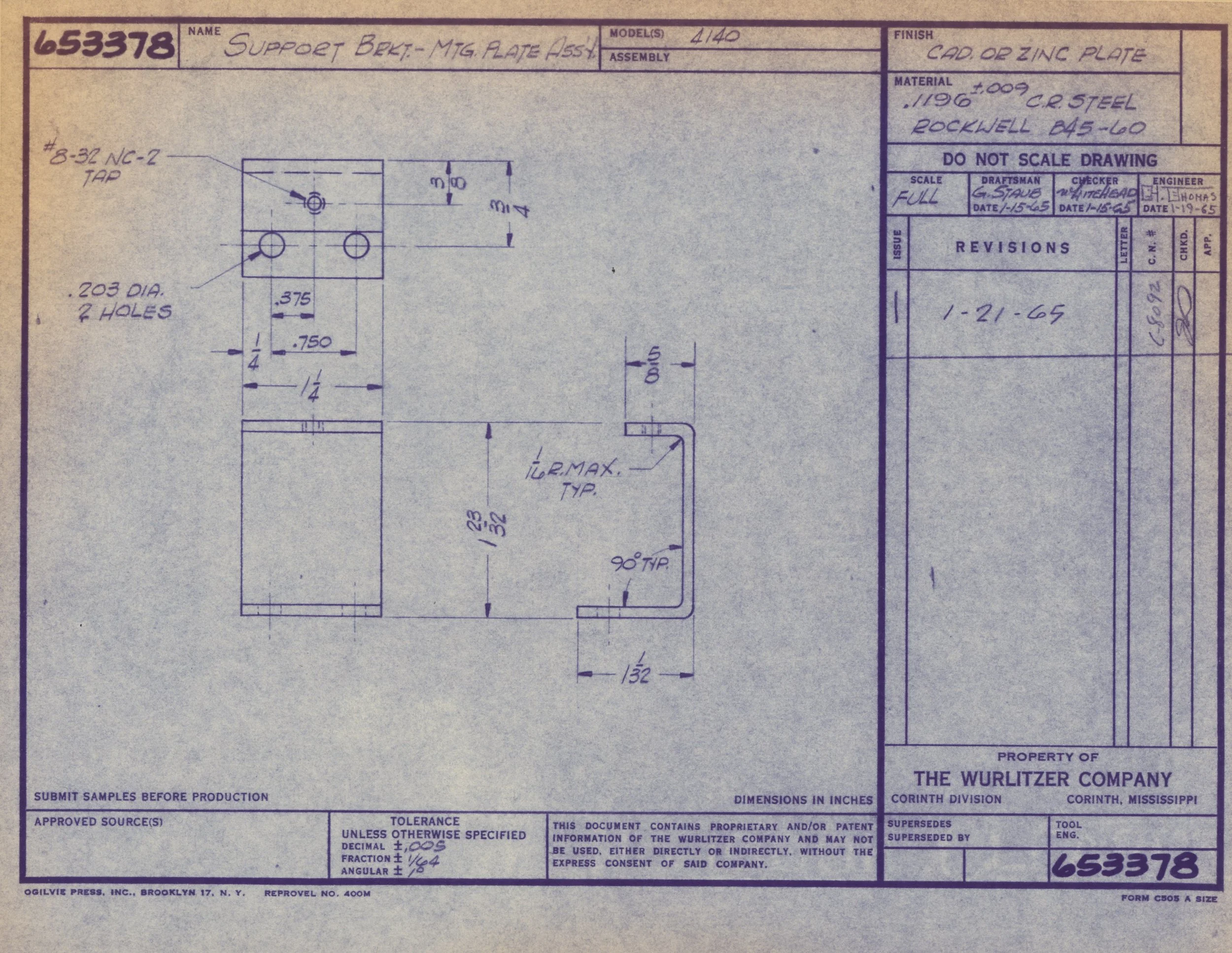 Technical engineering drawing of a support bracket, showing dimensions, hole placements, and construction details, with handwritten annotations and company information.