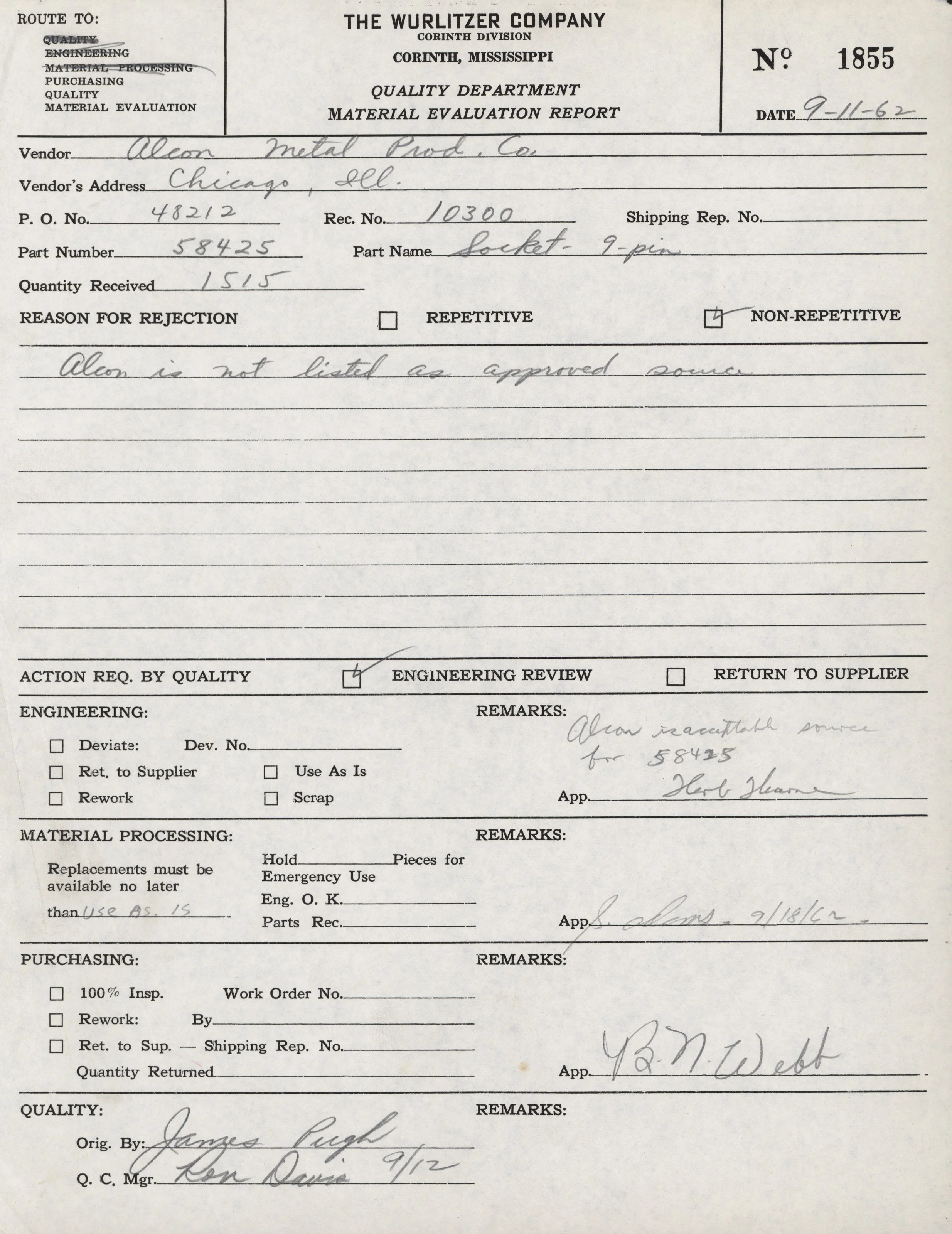 Historical document showing a material evaluation report from the Wurlitzer Company, Corinth Division, dated September 11, 1962. The report is for a supplier named Alcon Metal Prod. Co., located in Chicago, Illinois. It details the rejection of a bat