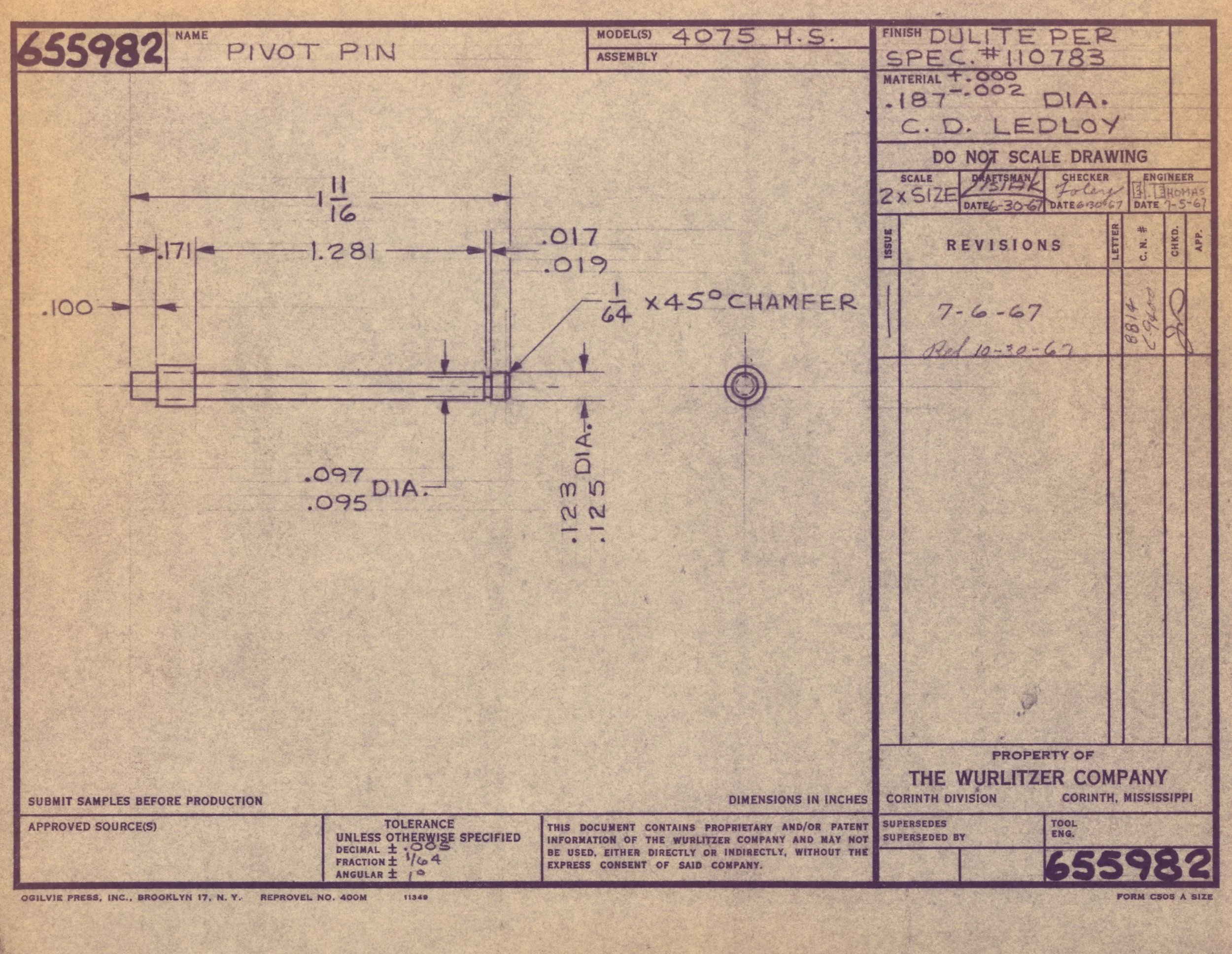 Blueprint drawing of a pivot pin with detailed measurements, specifications, and annotations, prepared by The Wurlitzer Company.