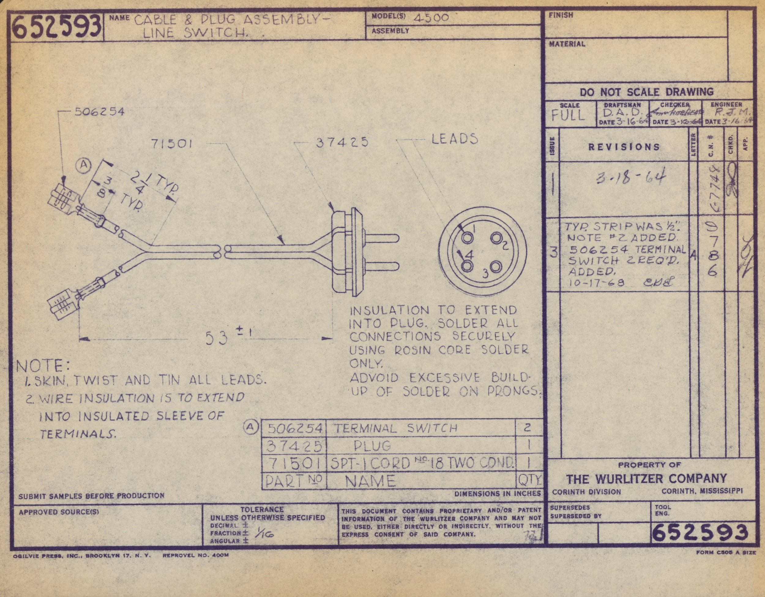 Technical drawing of a terminal switch and plug for cable and plug assembly, including wiring details, measurements, and assembly instructions.