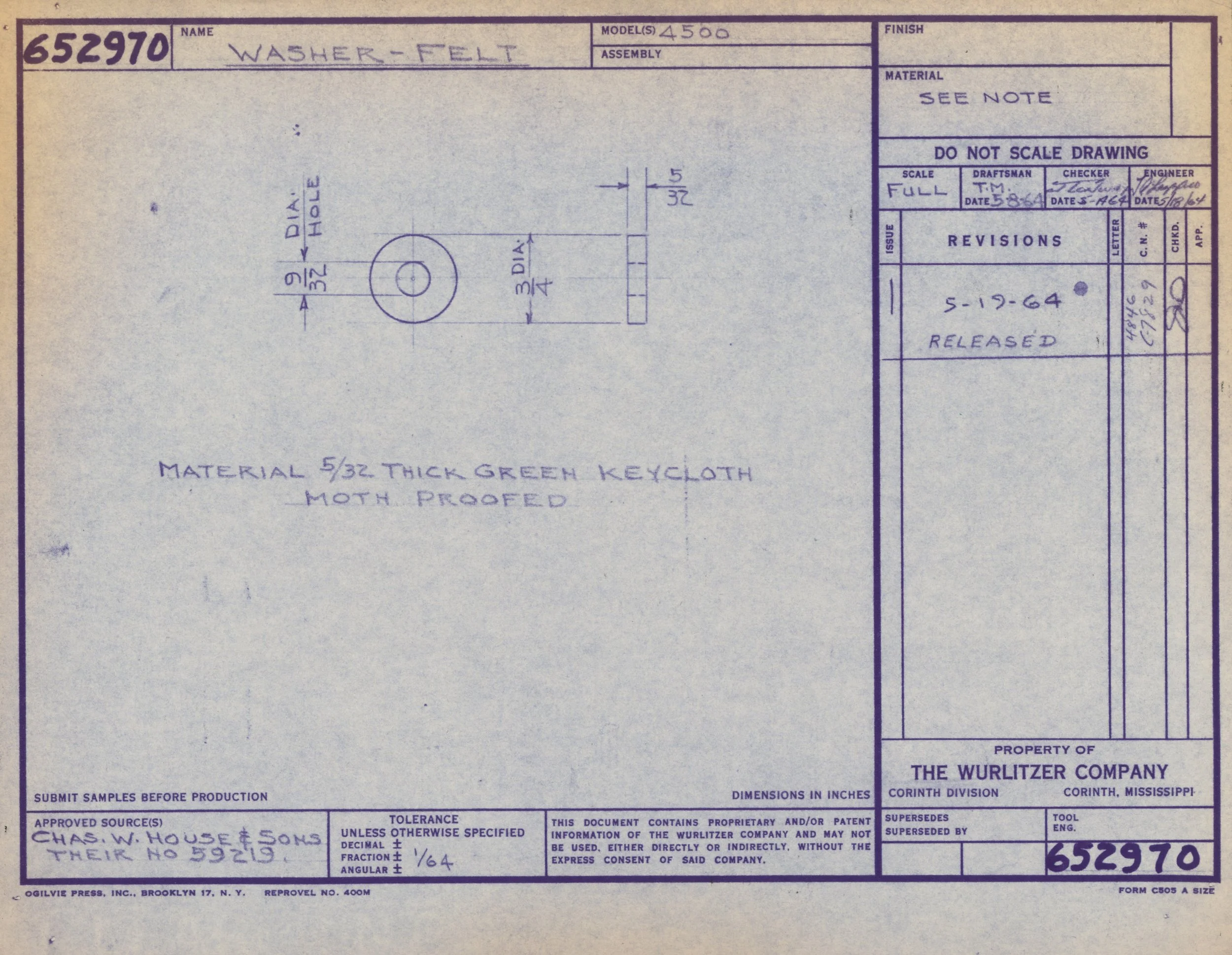 Technical blueprint drawing for a washer-felt component, showing dimensions and material details.