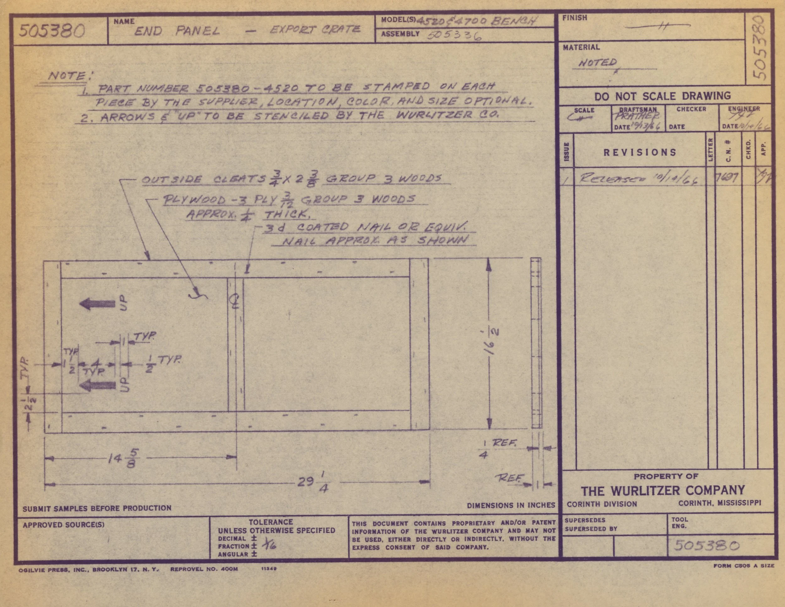 Blueprint drawing of an end panel, including dimensions and notes on materials and construction details.