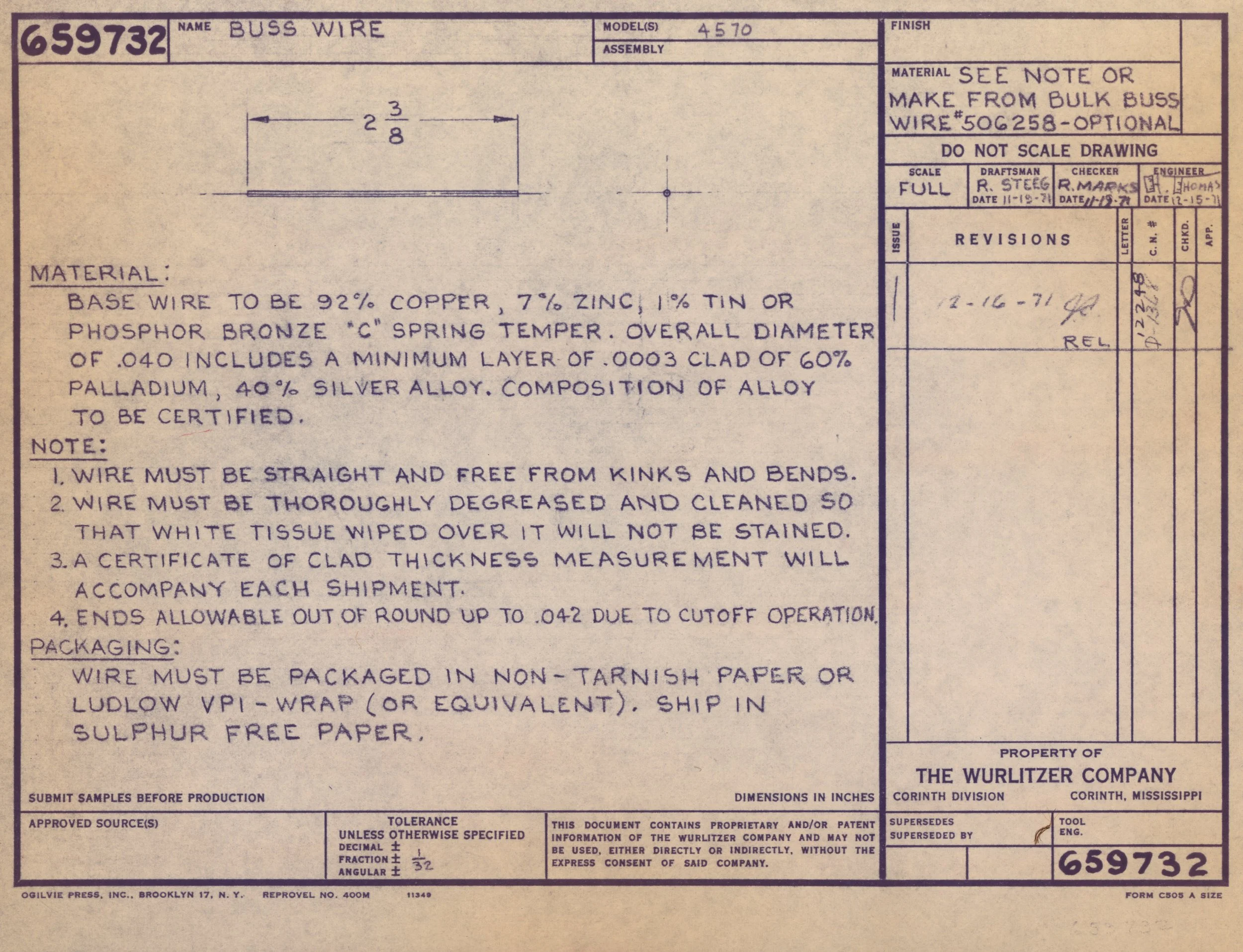 Technical engineering drawing sheet showing specifications for bus wire wire, including diagram, material composition, and production guidelines, issued by The Wurlitzer Company.