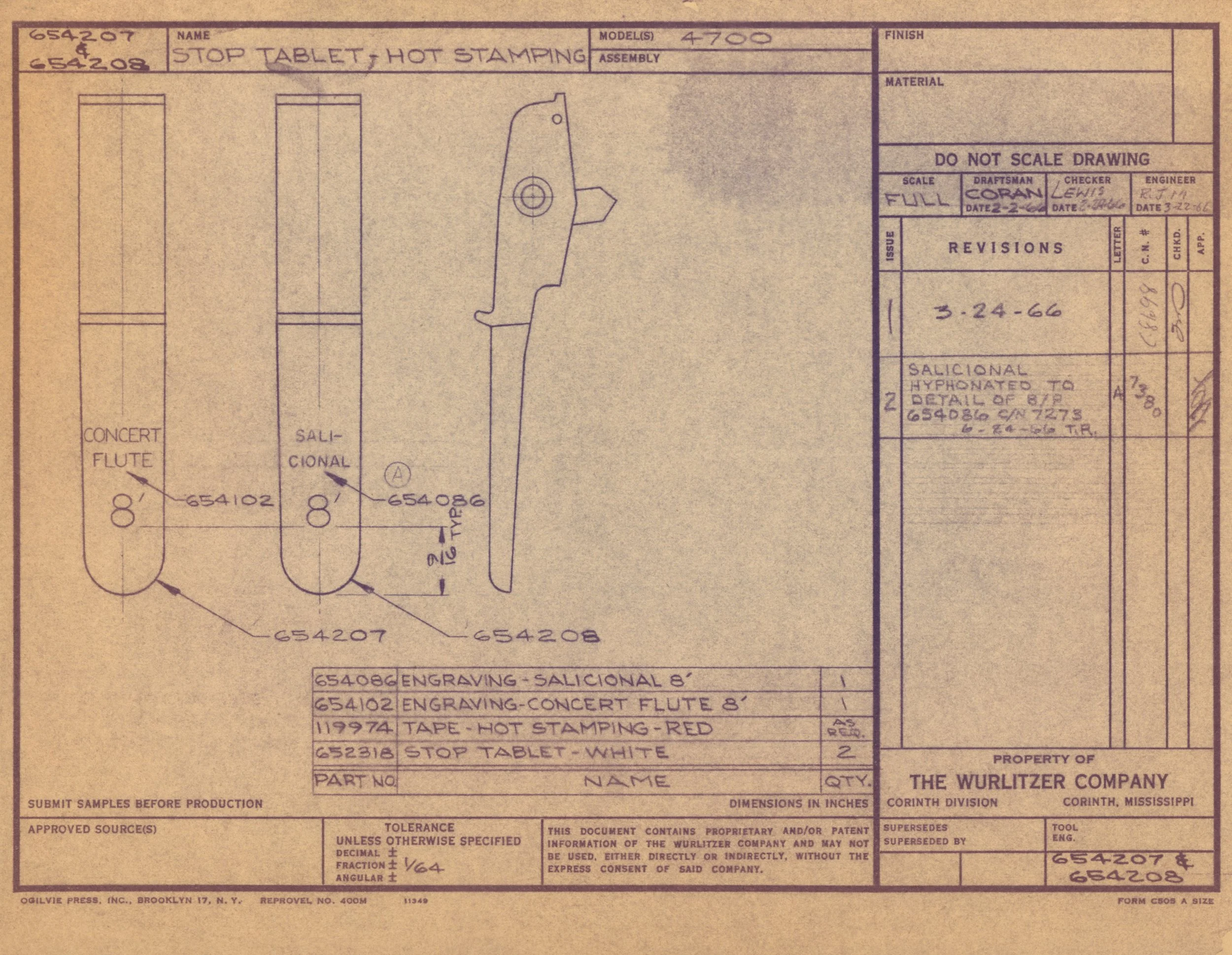 Technical drawing or blueprint for a hot stamping stop tablet, with various measurements, part numbers, and revision details, created by The Wurlitzer Company in Corinth, Mississippi.
