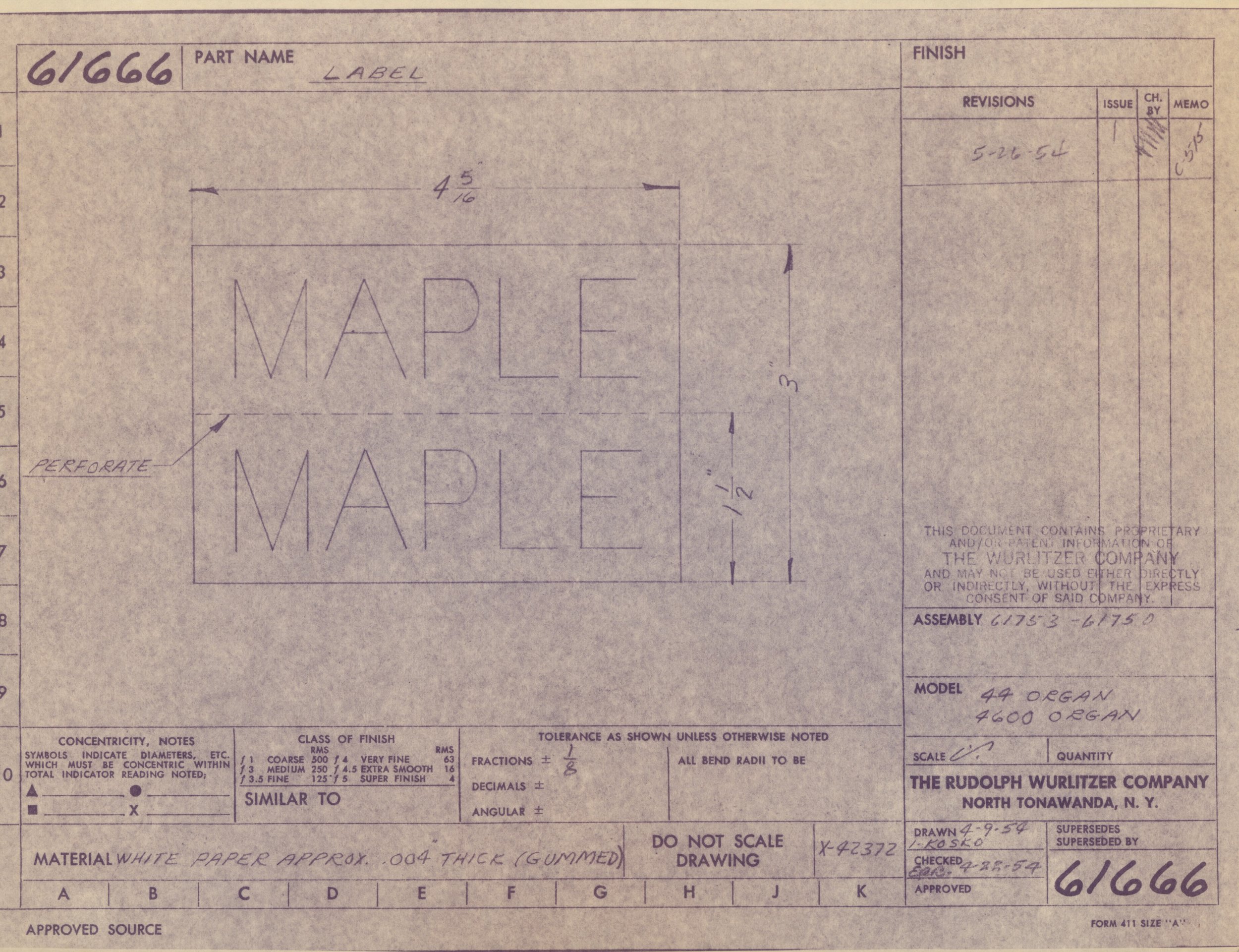 Technical blueprint or engineering drawing of a label design, with measurements, annotations, and the name 'MAPE'.
