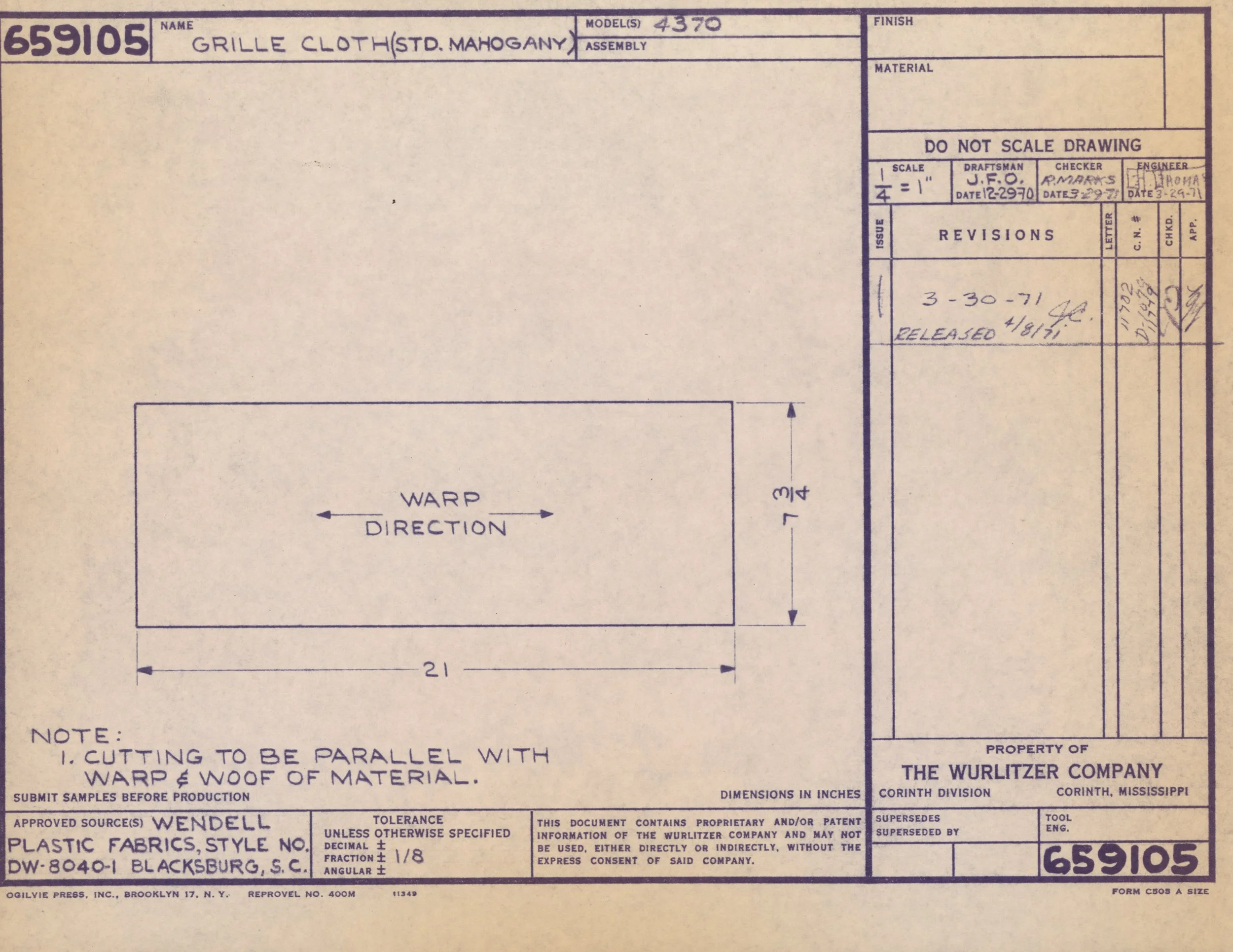 Close-up of technical drawing blueprint for a military-grade grille cloth made of standard mahogany, with measurements, revision date of March 30, 1971, and notes on manufacturing specifications.