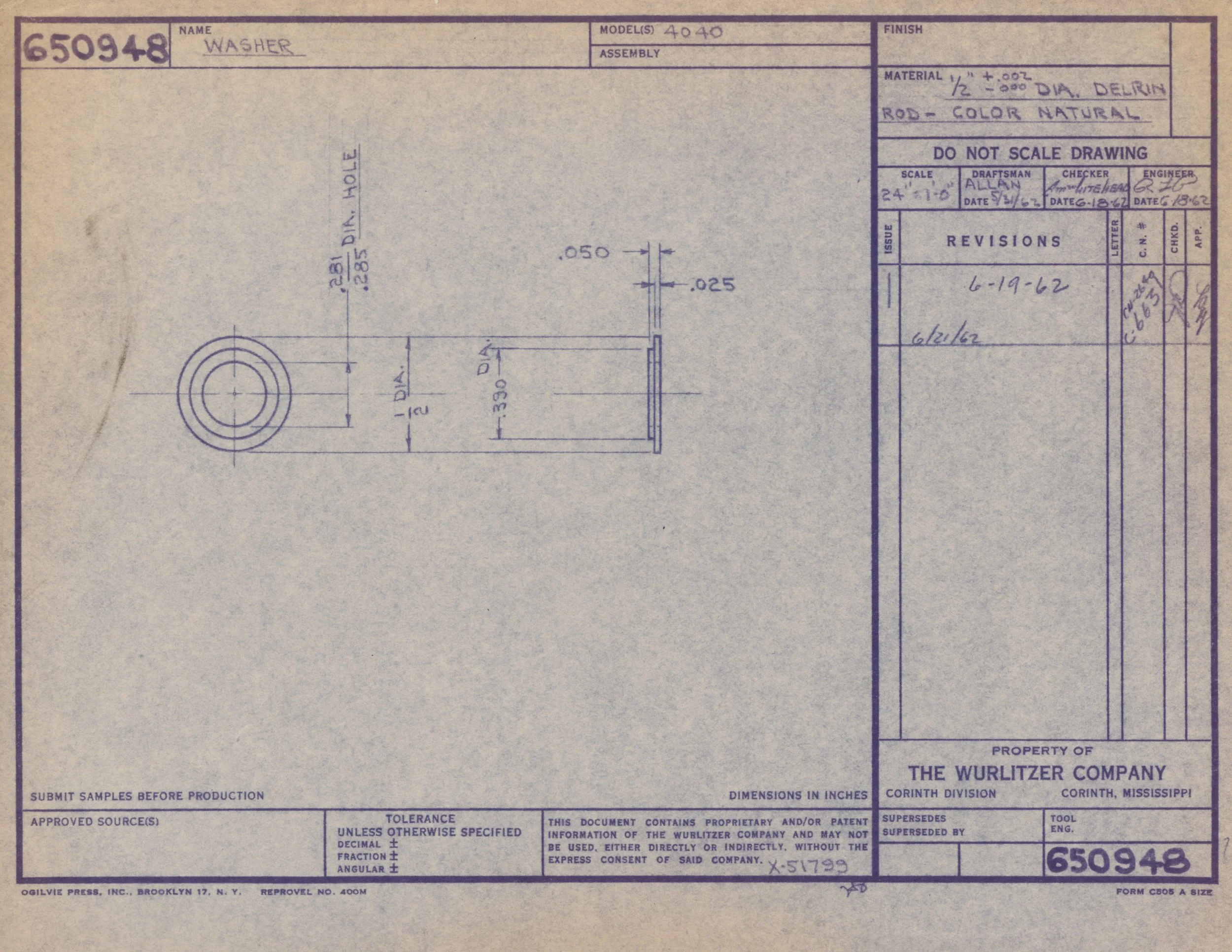 Technical drawing of a washer with dimensions and specifications, created by The Wurlitzer Company.