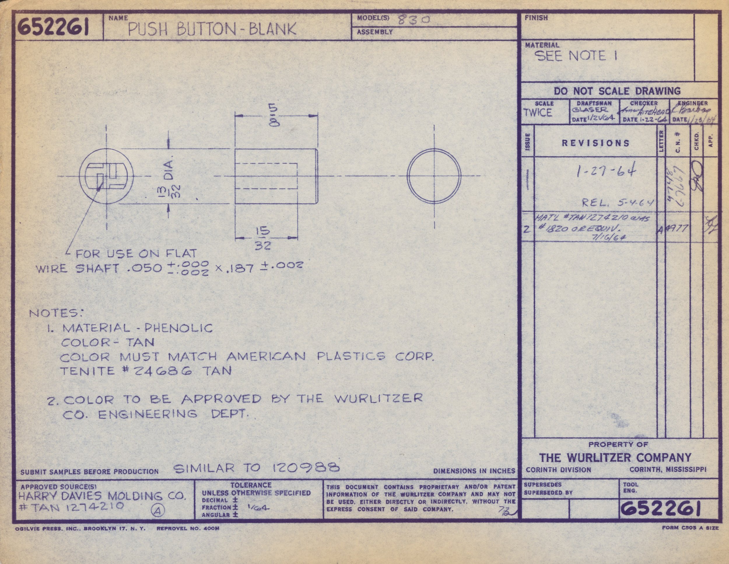 Technical drawing blueprint for a push button, with detailed dimensions and technical notes.