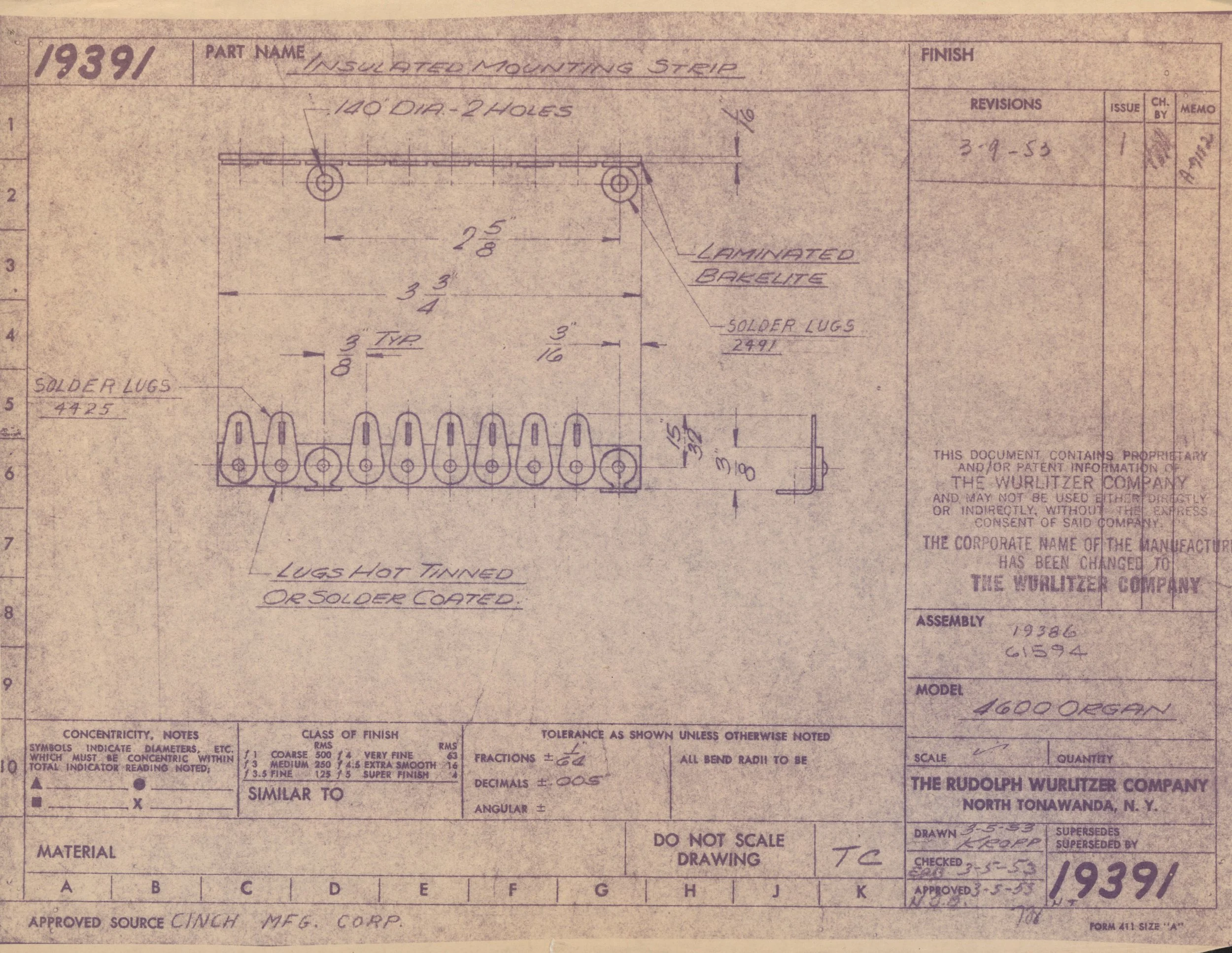 Technical engineering drawing for an insulated mounting strip with detailed measurements and annotations from 1939.