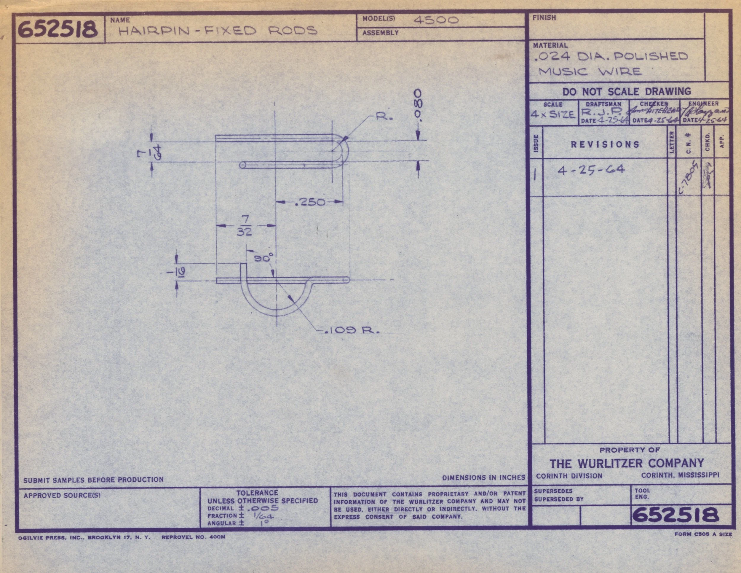 Blueprint drawing of a music wire hook labeled 'Hairpin-Fixed Rods', with measurements and technical details.