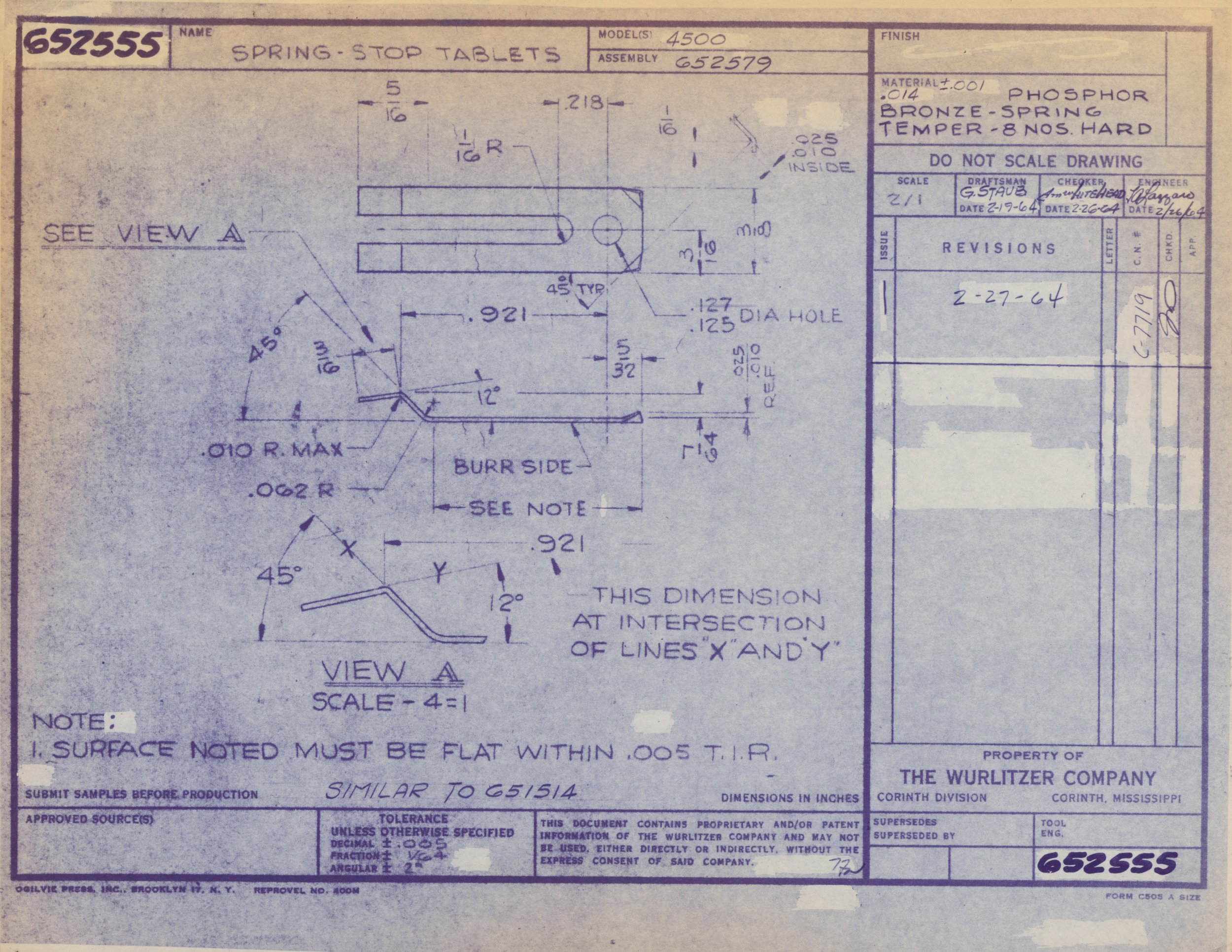 Technical drawing of a spring-stop table, showing detailed measurements, angles, and notes for manufacturing, labeled with specifications like material, finish, and revision date.