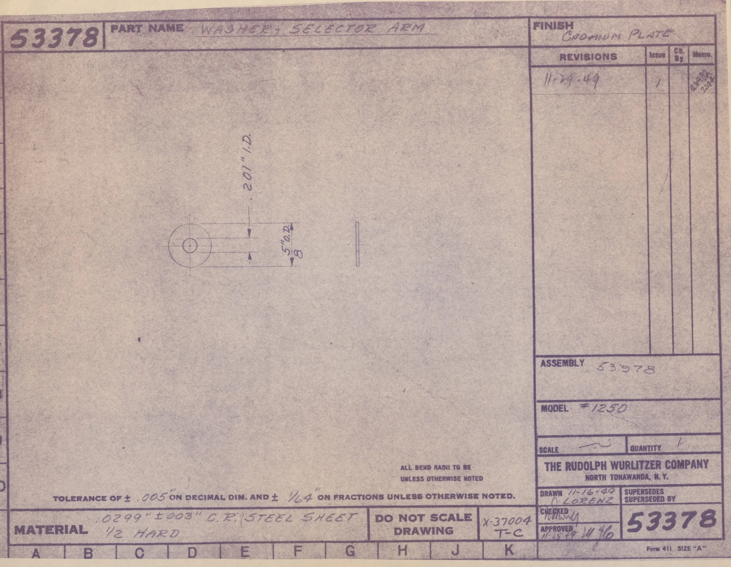 Technical engineering blueprint or schematic drawing for a washer selector arm, including measurements, notes, and material specifications from Rudolph Wurtizer Company.