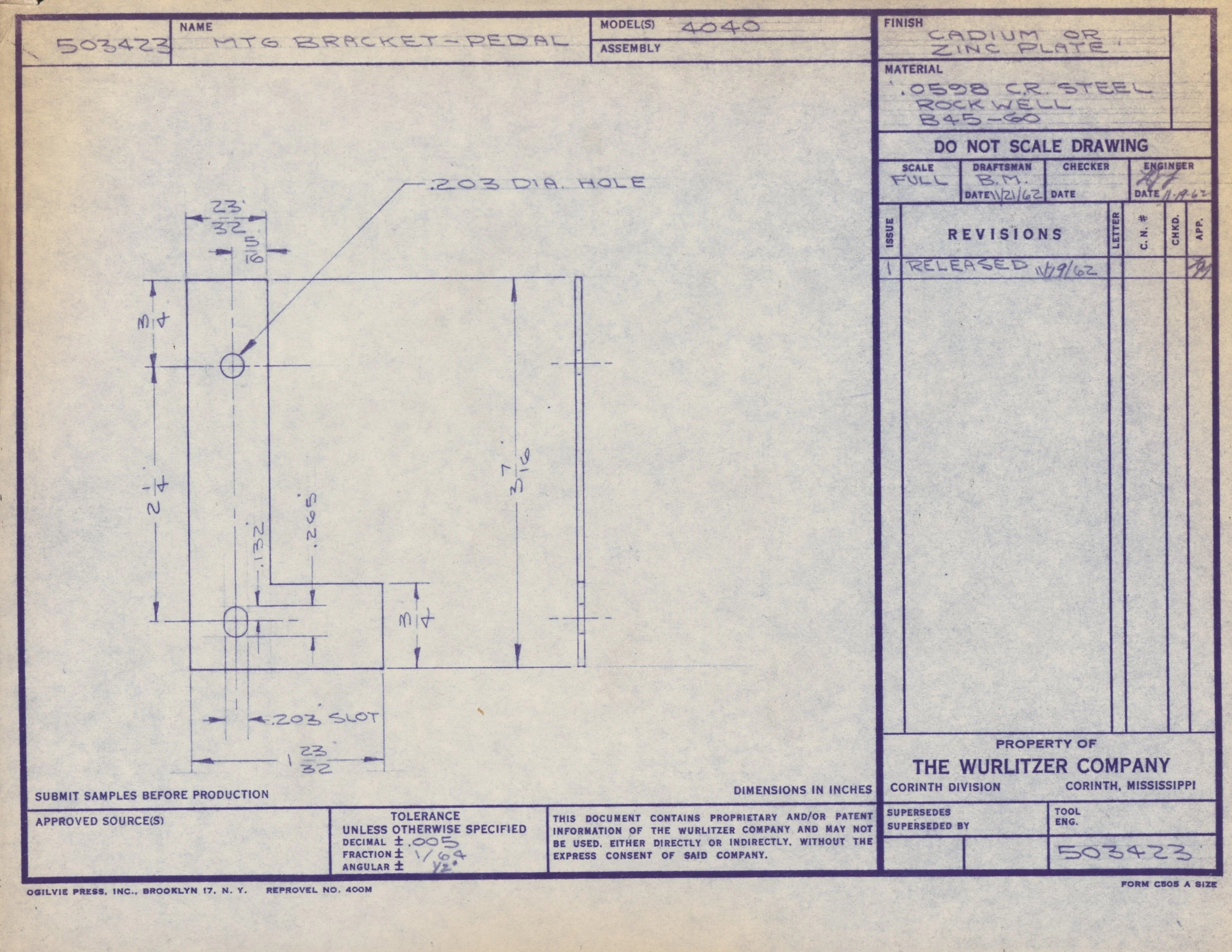 Technical engineering drawing of a metallic bracket with detailed measurements and annotations, including a 0.203 inch diameter hole, created by The Wurlitzer Company.