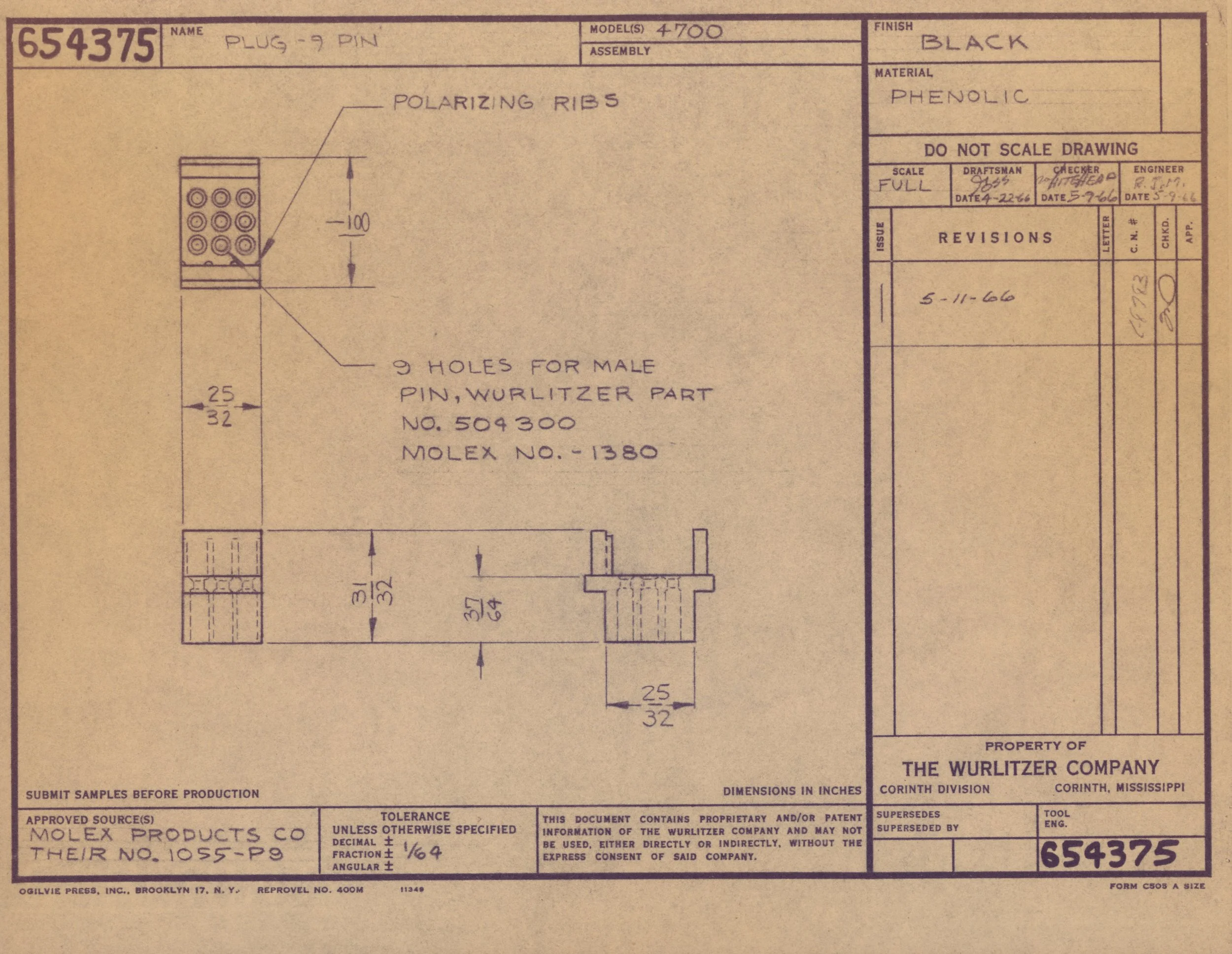 Technical engineering blueprint for a plug-9 pin, model 4700, with black finish, made of phenolic material, showing dimensions and detailed diagram with 9 holes for male pin and polarizing ribs.