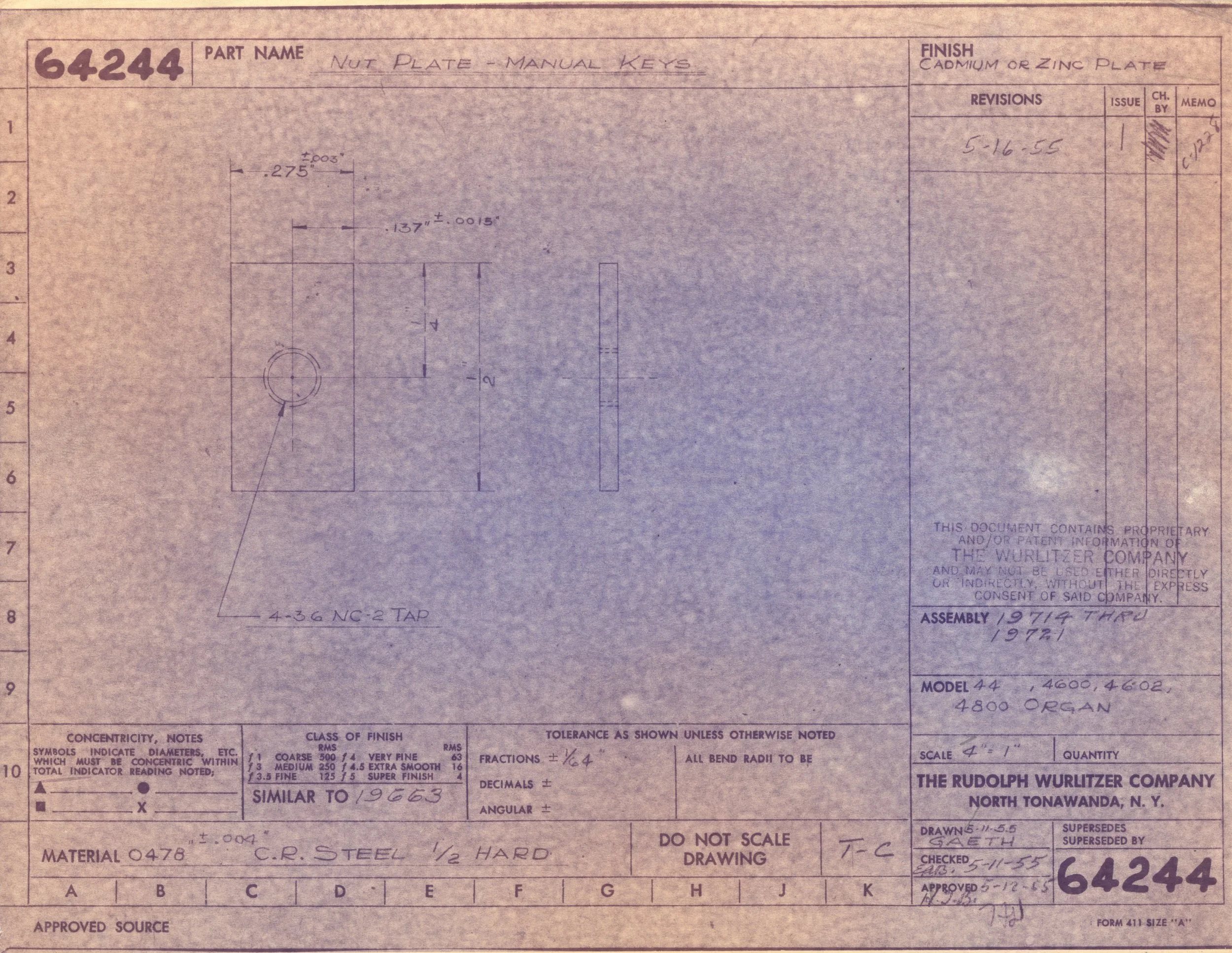 Technical blueprint or engineering drawing from a document labeled 'Part Name: Nut Plate - Manual Keys.' The document contains detailed measurements, notes, and specifications, with handwritten and printed text. It appears to be a technical diagram r
