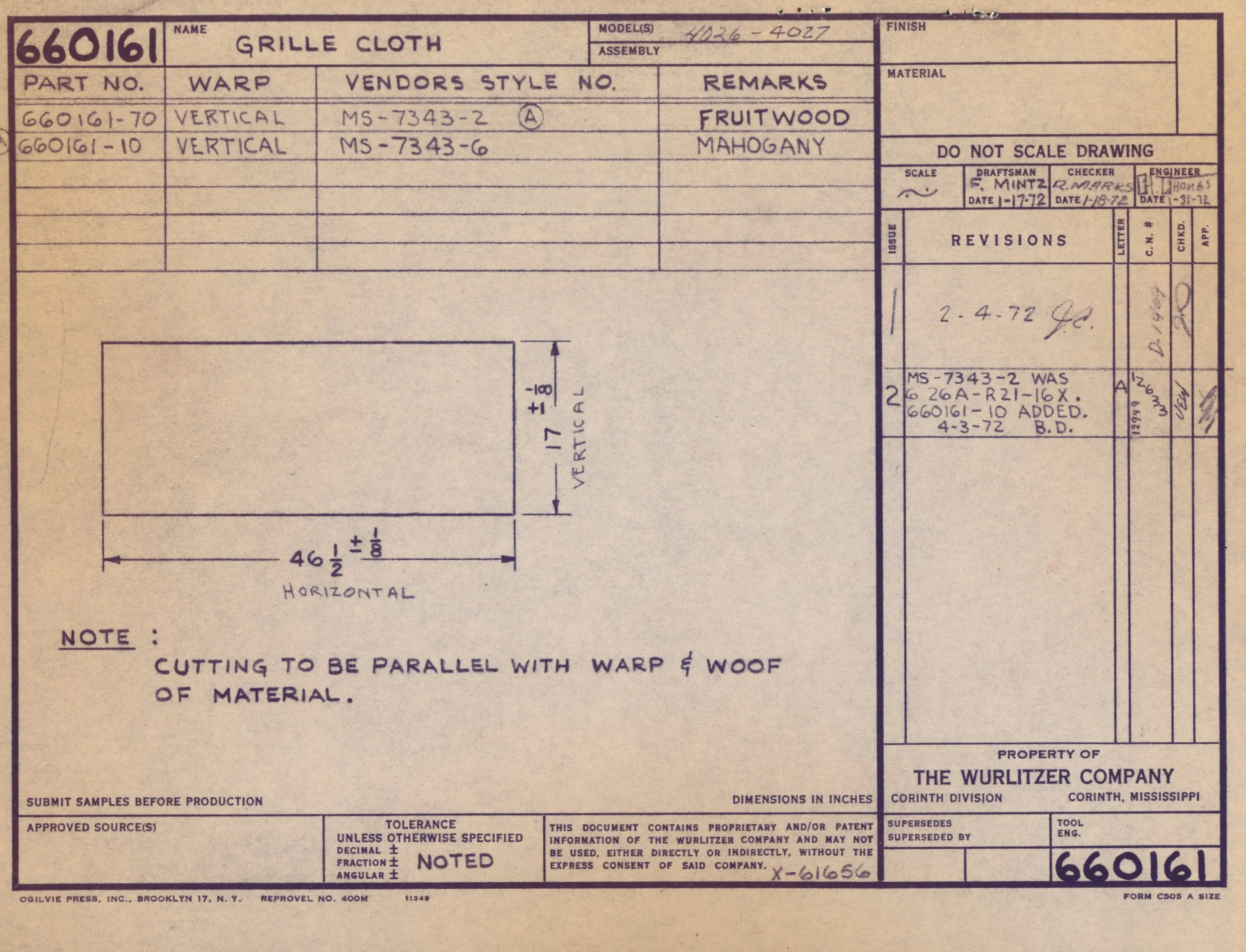 A technical drawing or blueprint on light yellow paper with handwritten notes and printed text, showing measurements and specifications for a part called 'GRILLE CLOTH' made of fruitwood and mahogany, created by The Wurlitzer Company in Corinth, Miss