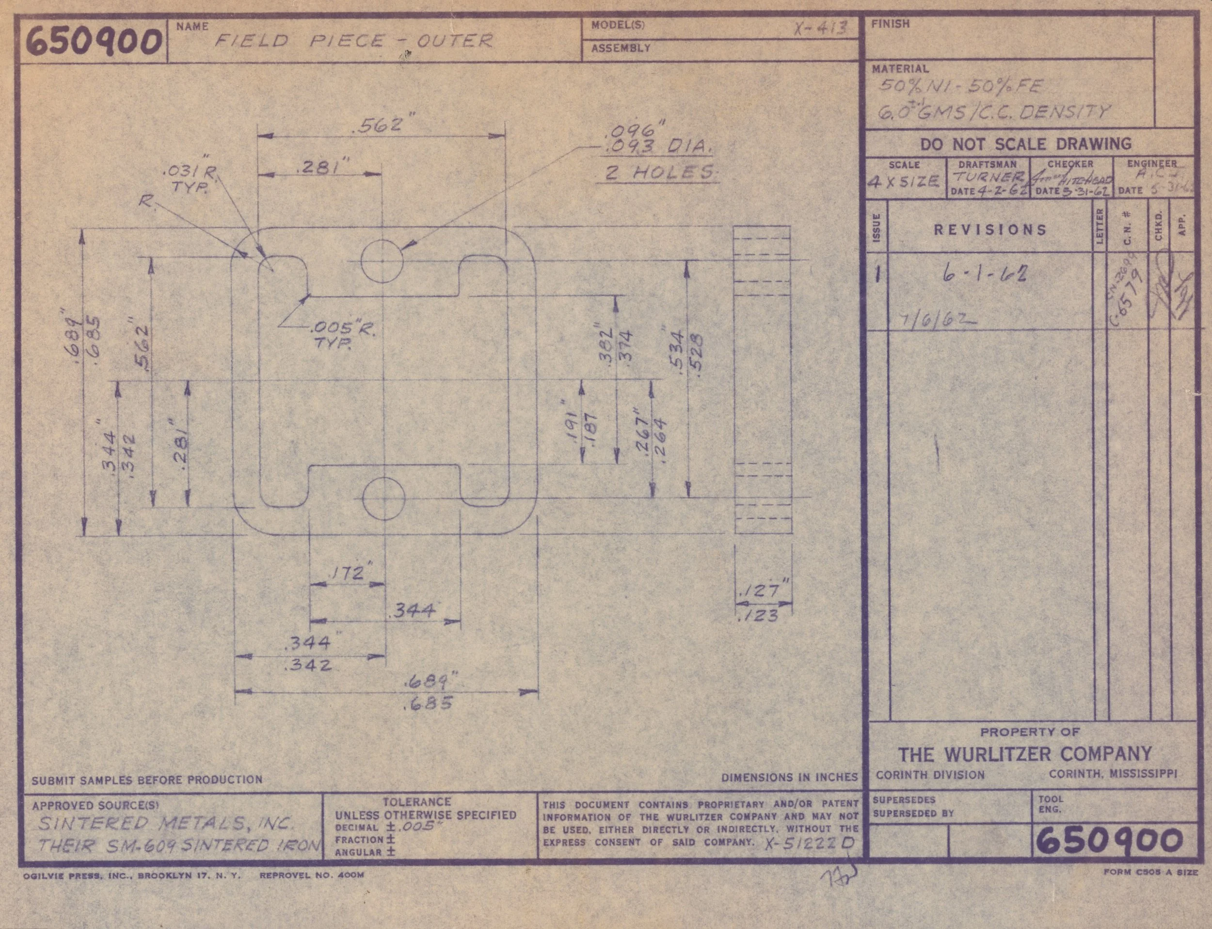 A technical engineering drawing of a metal part labeled 'Field Piece - Outer' with detailed dimensions, specifications, and material information.