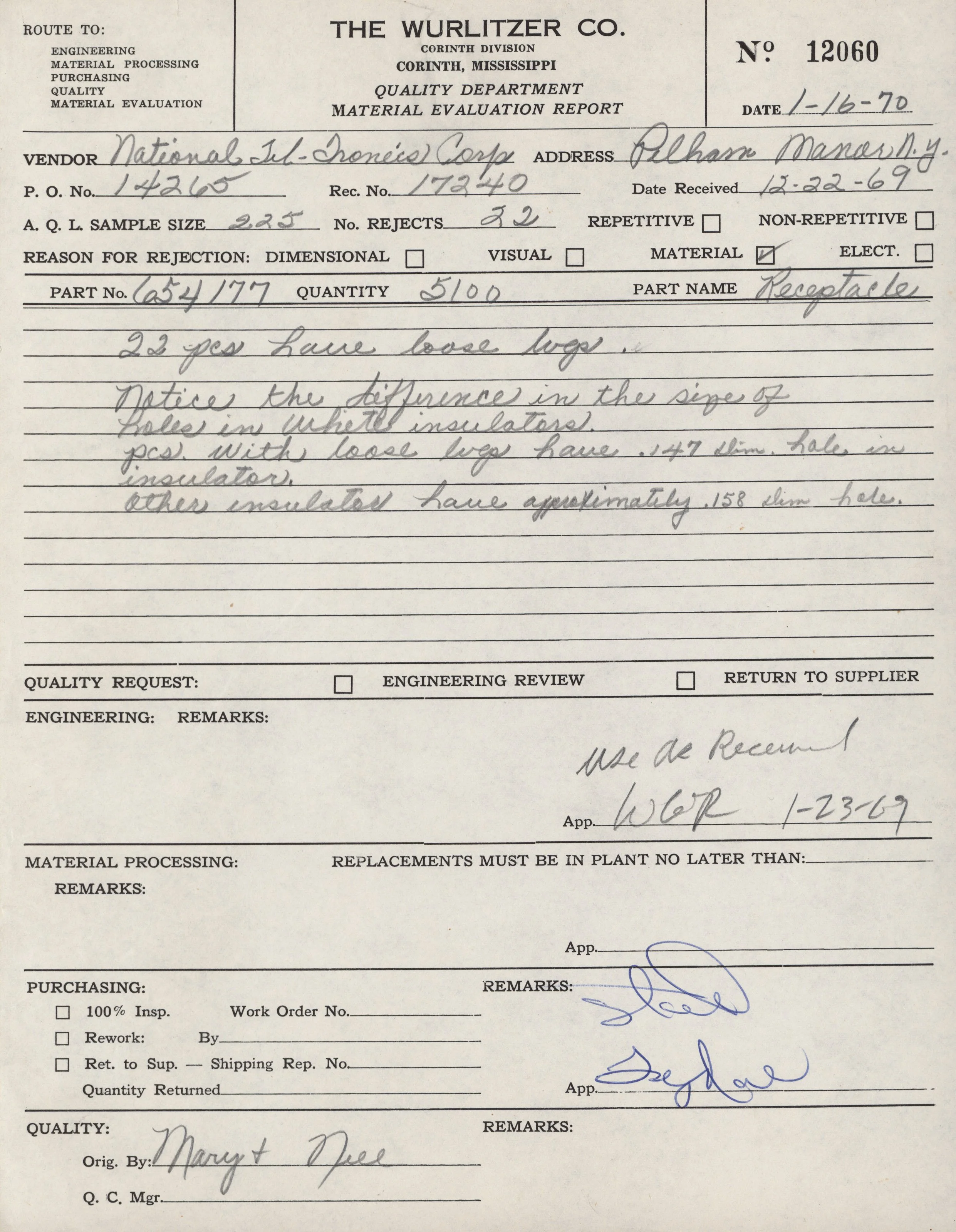 A typed and handwritten material evaluation report form from The Wurlitzer Co. dated 1-16-70. The report includes details such as vendor, address, part number, quantity, part name, rejection reasons, and signatures on handwritten notes.