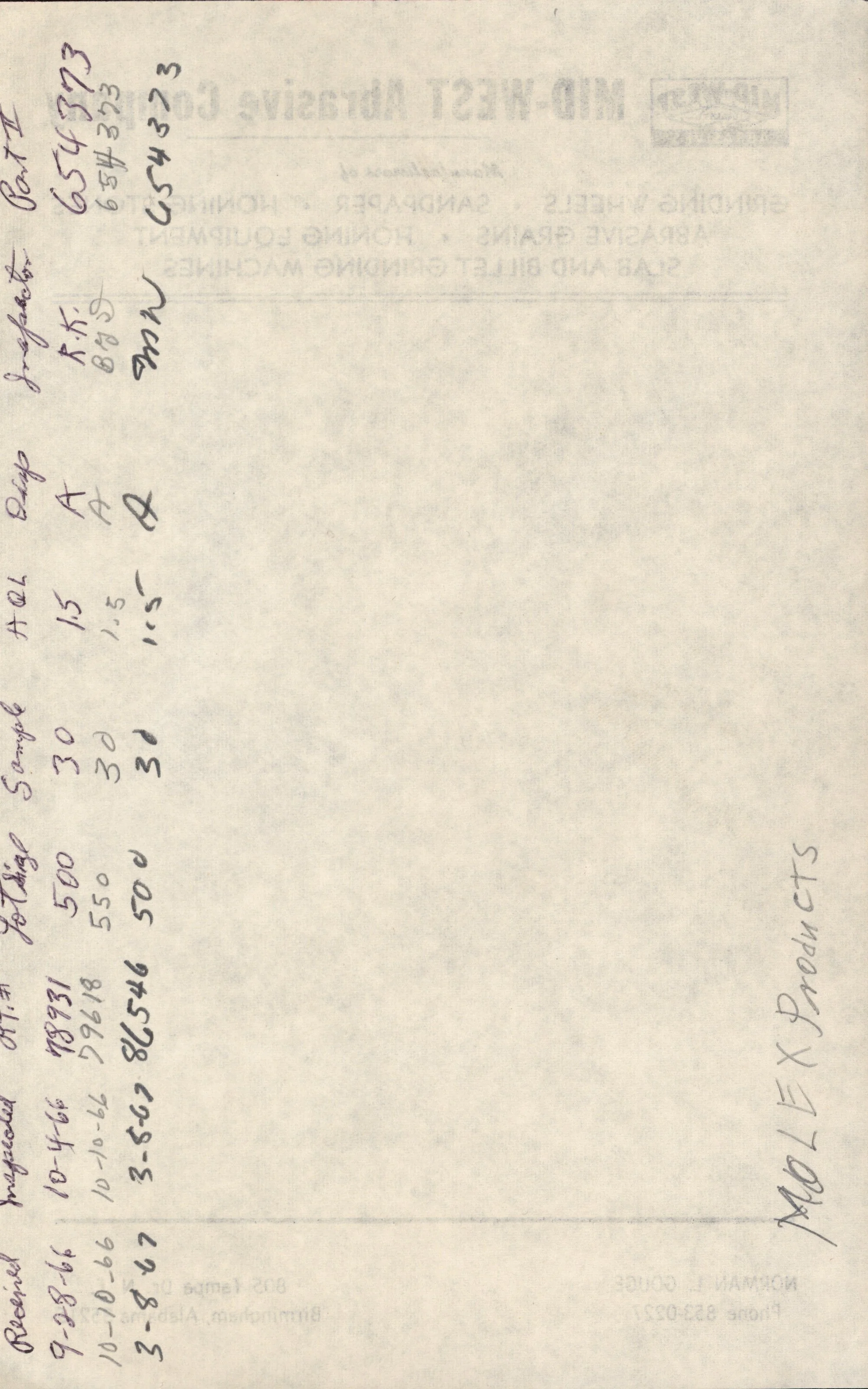 A handwritten list of numbers and measurements on a piece of paper.