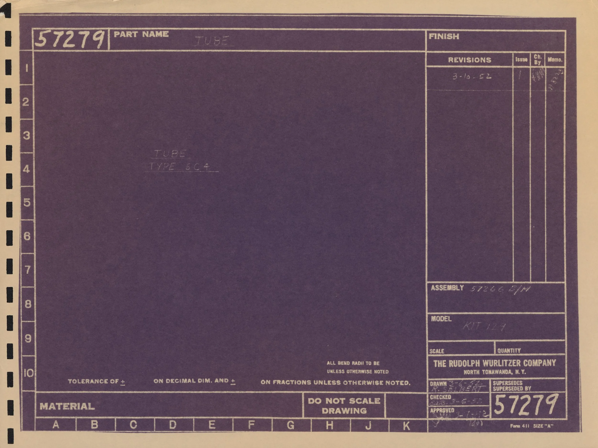 A blueprint showing technical specifications for a tube, labeled 'PART NAME TUBE' and 'TYPE 6C4,' with various revisions, notes, and measurements from The Rudolph Wurlitzer Company.