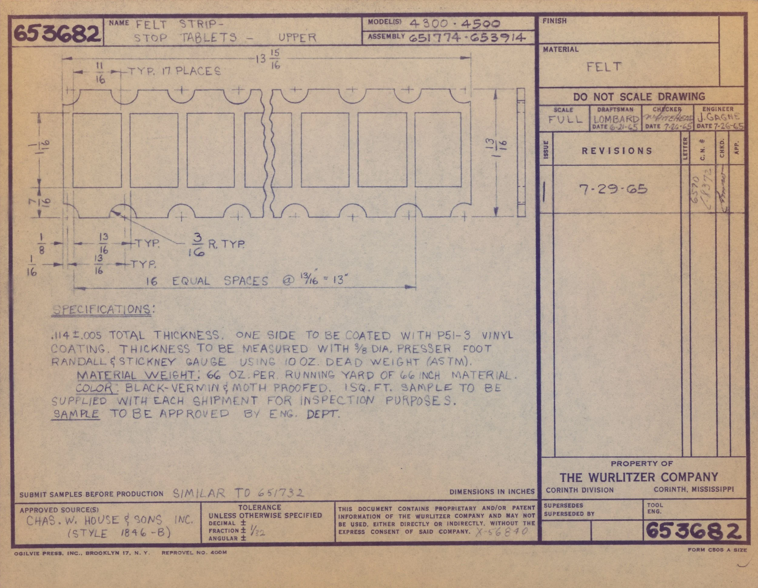 Blueprint or technical drawing of a felt stop table, showing dimensions, placement of parts, and specifications for manufacturing or construction.