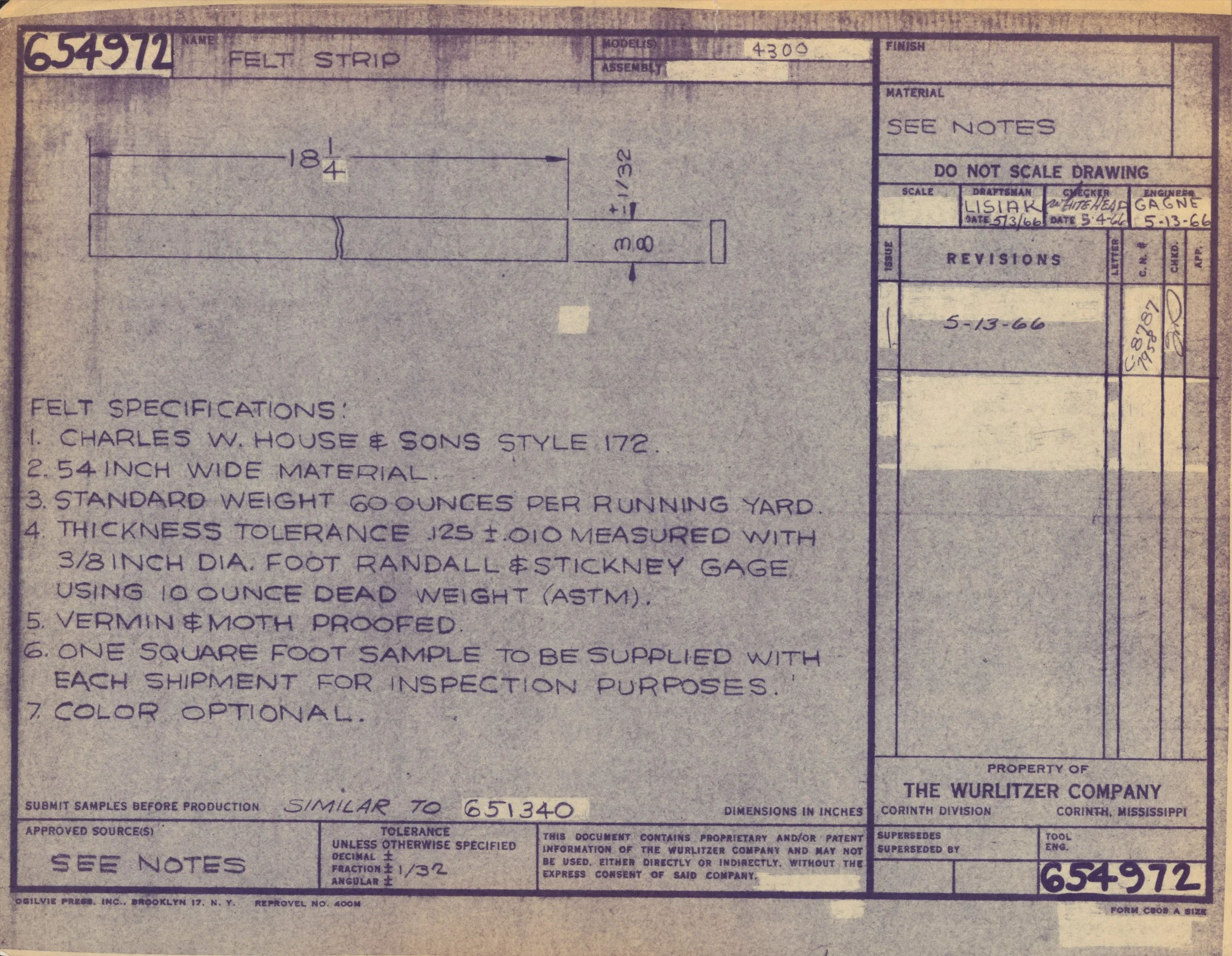 Technical blueprint or engineering drawing for a felt strip, including measurements, specifications, inspection notes, signatures, and approval stamps.