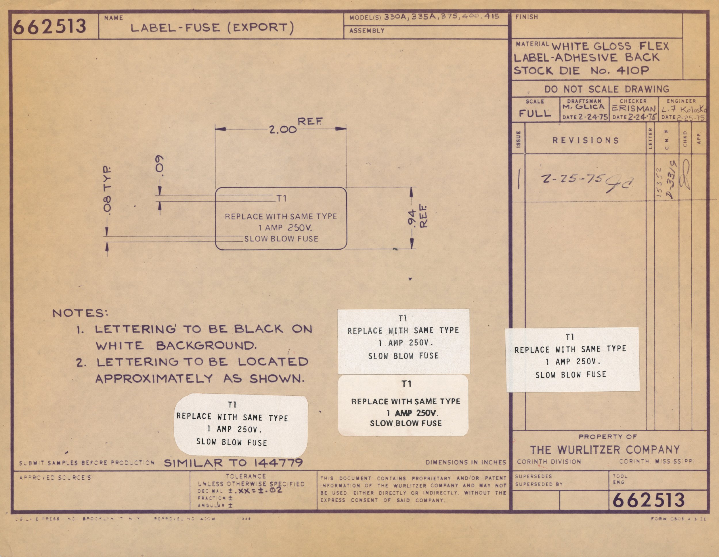 A detailed technical blueprint or schematic drawing for fuse labels, including dimensions, notes, and specifications for manufacturing with handwritten annotations.