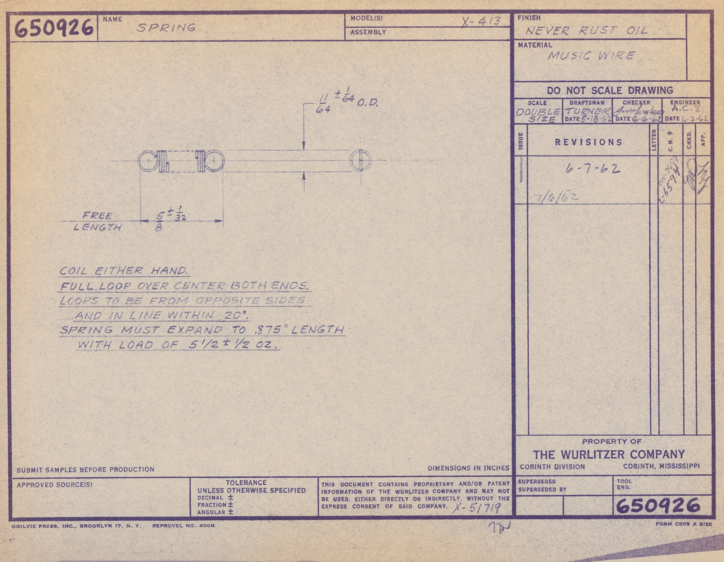 Blueprint sketch of a music wire spring with dimensions and notes for manufacturing, created by The Wurlitzer Company.